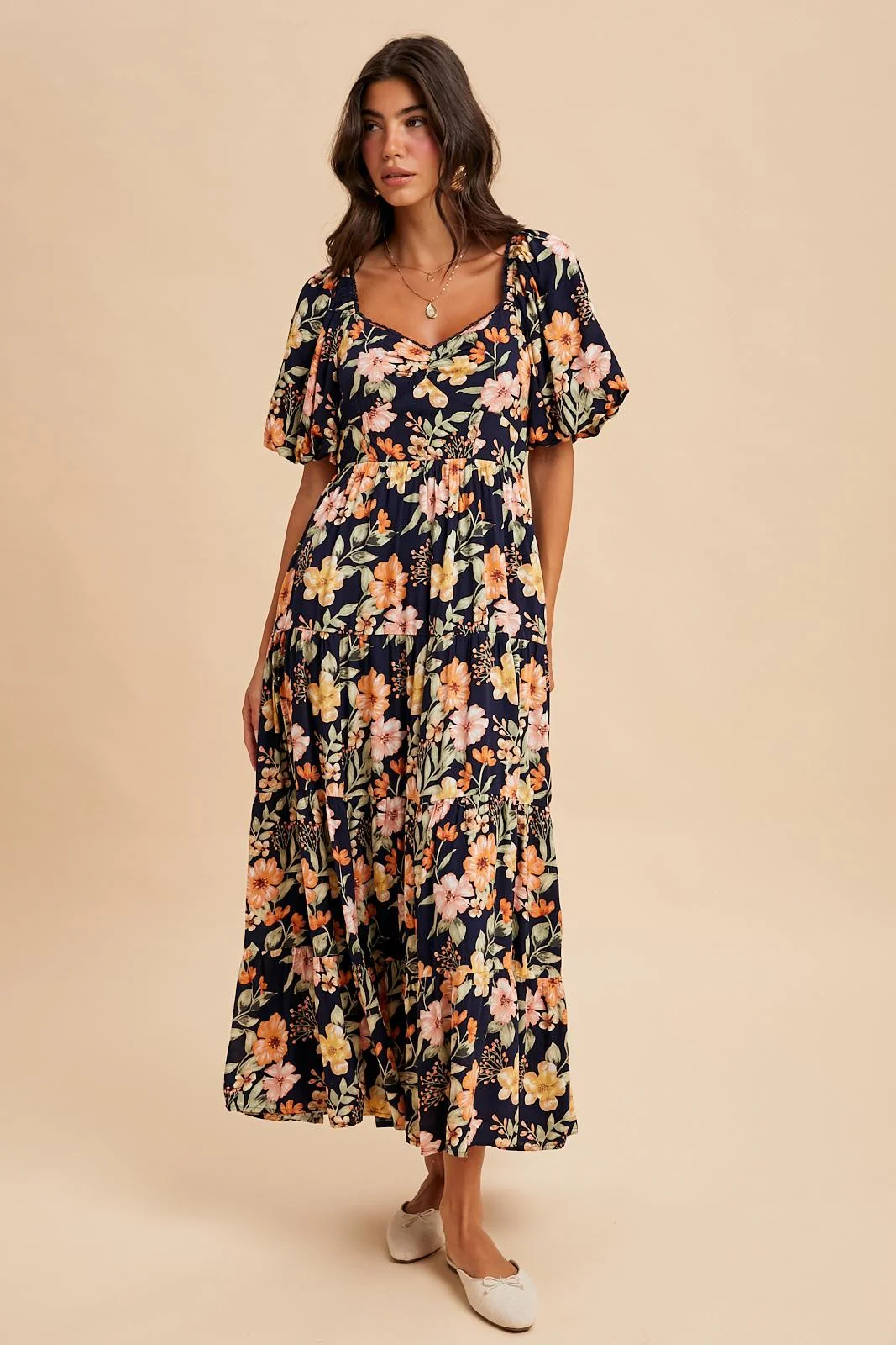 Navy Floral Tiered Puff Sleeve Maternity Maxi Dress - Image 5