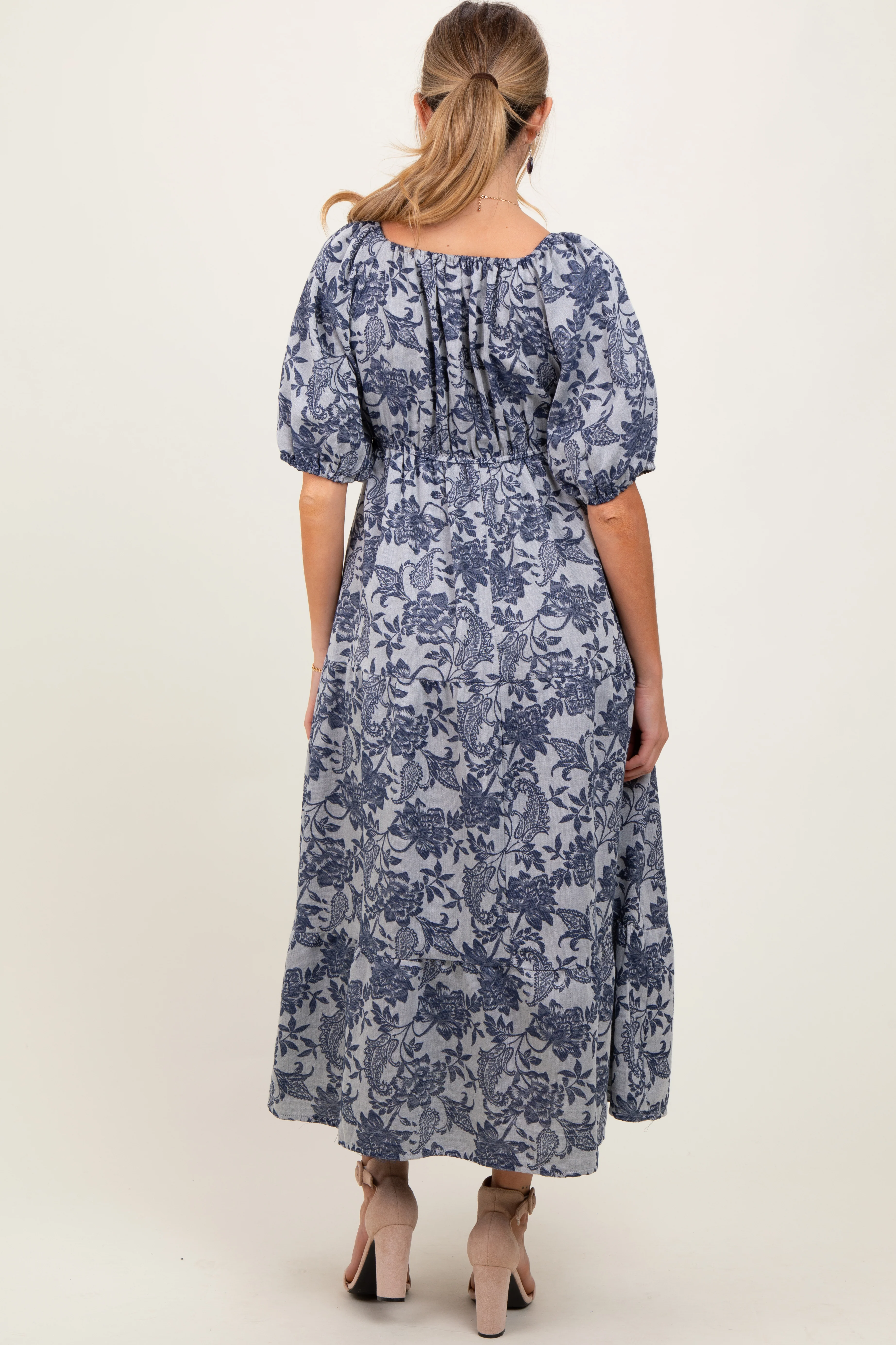 Navy Floral Tiered Puff Sleeve Maternity Midi Dress - Image 4