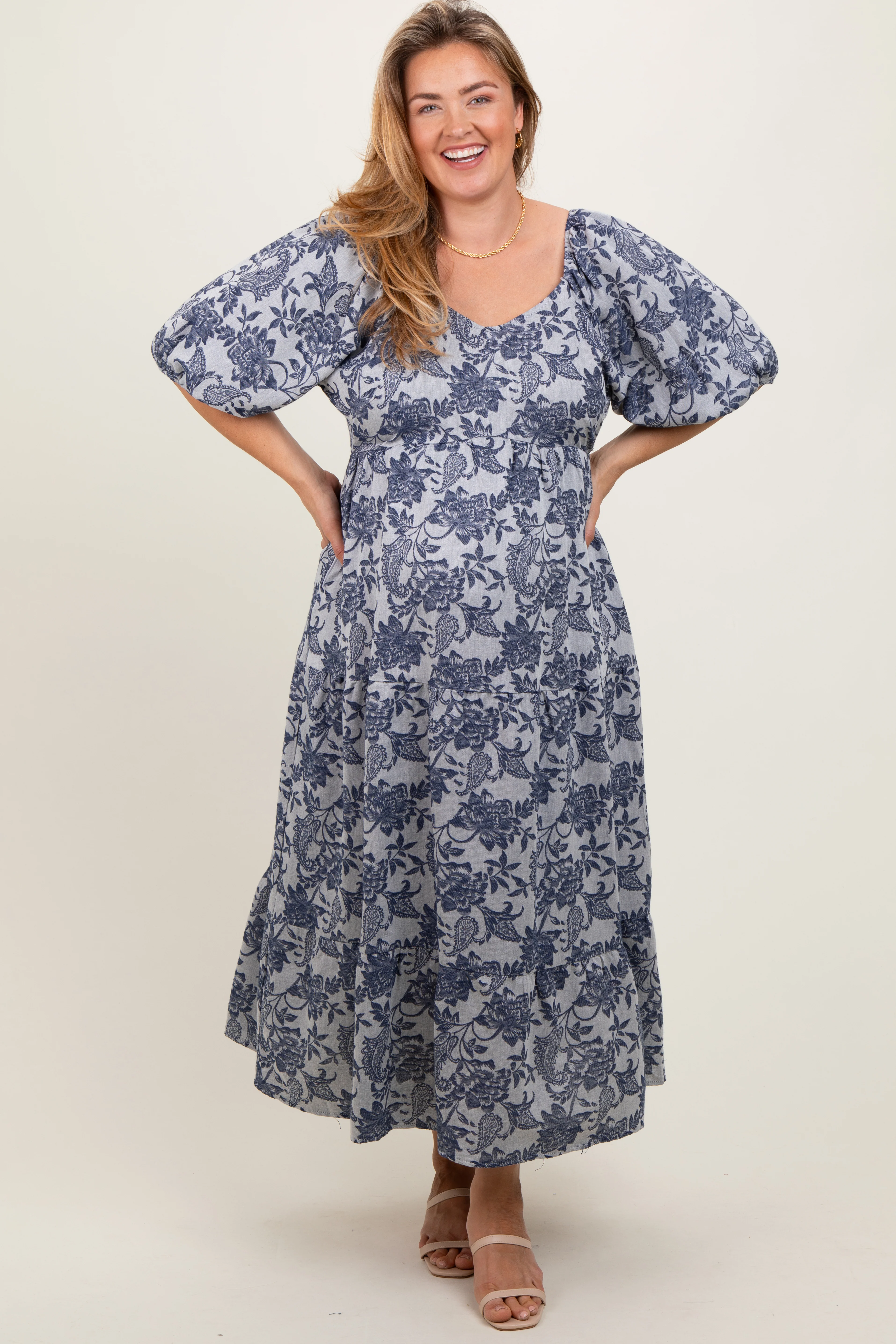Navy Floral Tiered Puff Sleeve Maternity Plus Midi Dress - Image 2