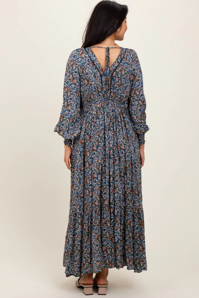 Navy Floral V-Neck Bubble Sleeve Maxi Dress - Image 3