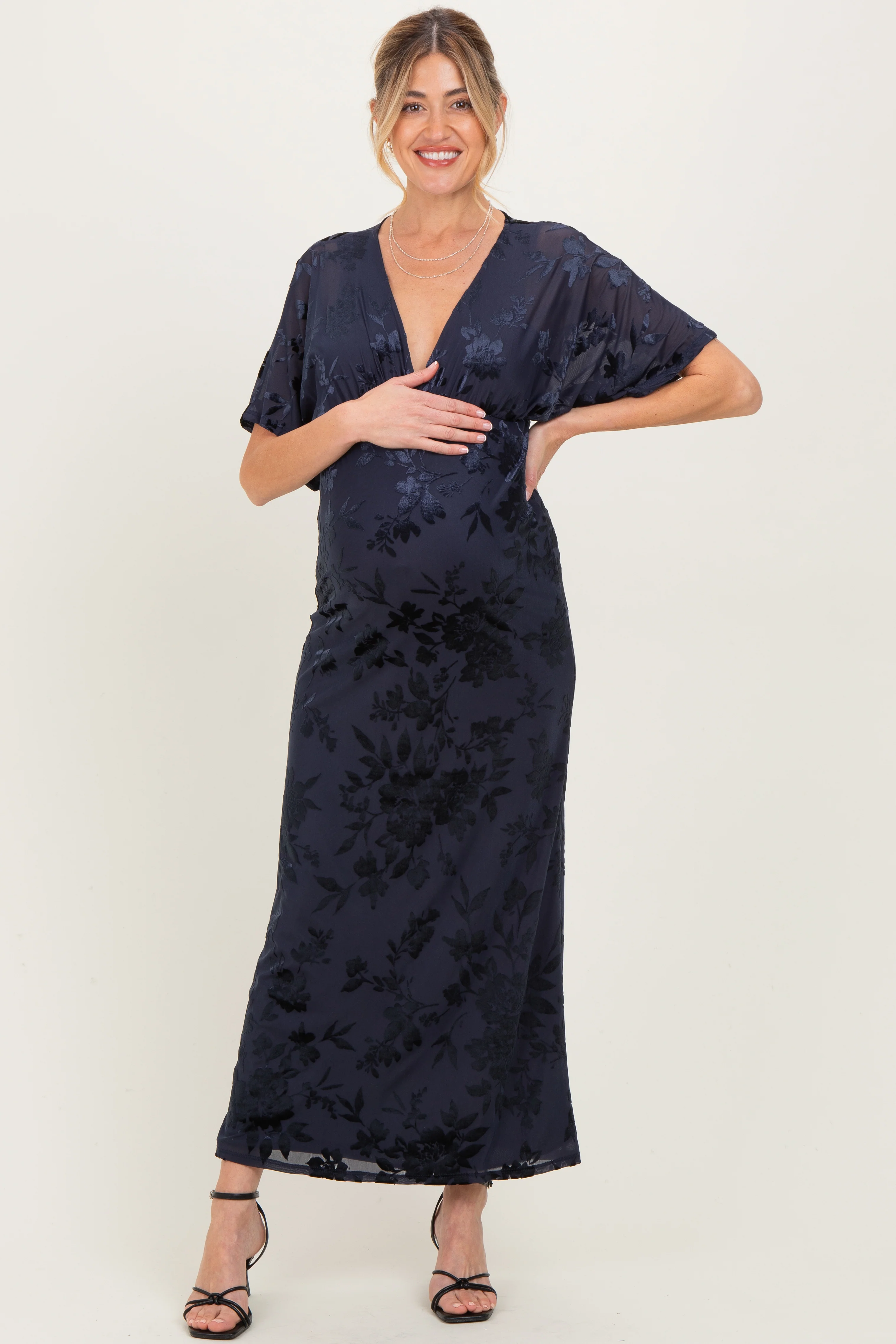Navy Floral Velvet V-Neck Short Sleeve Maternity Maxi Dress - Image 3