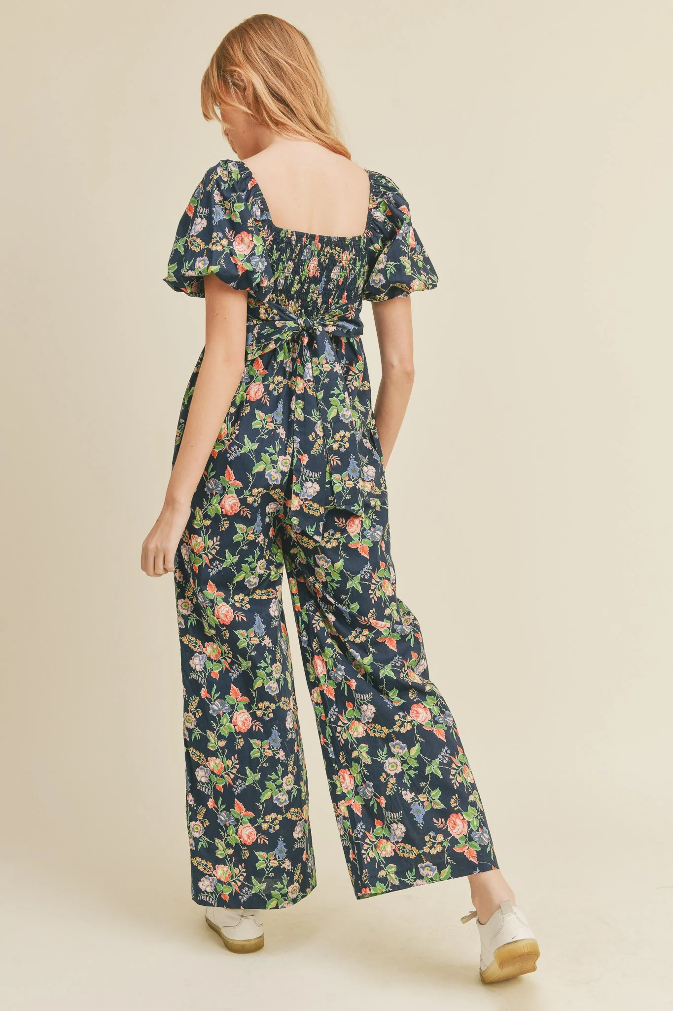 Navy Floral Wide Leg Puff Sleeve Jumpsuit - Image 3