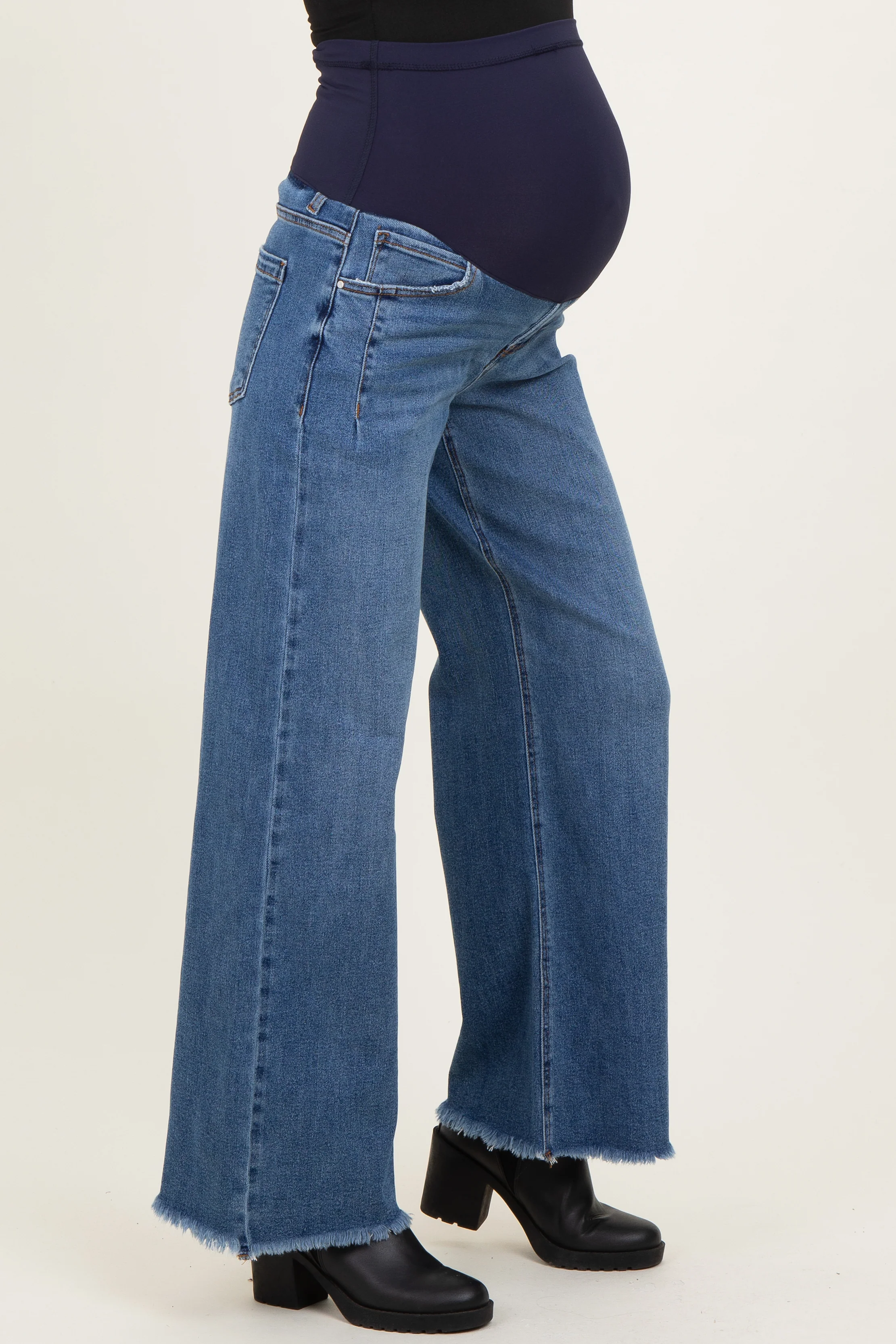 Navy Fray Hem Wide Leg Maternity Jeans - Image 3
