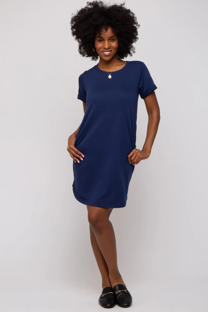 Navy French Terry Cuffed Short Sleeve Dress - Image 5