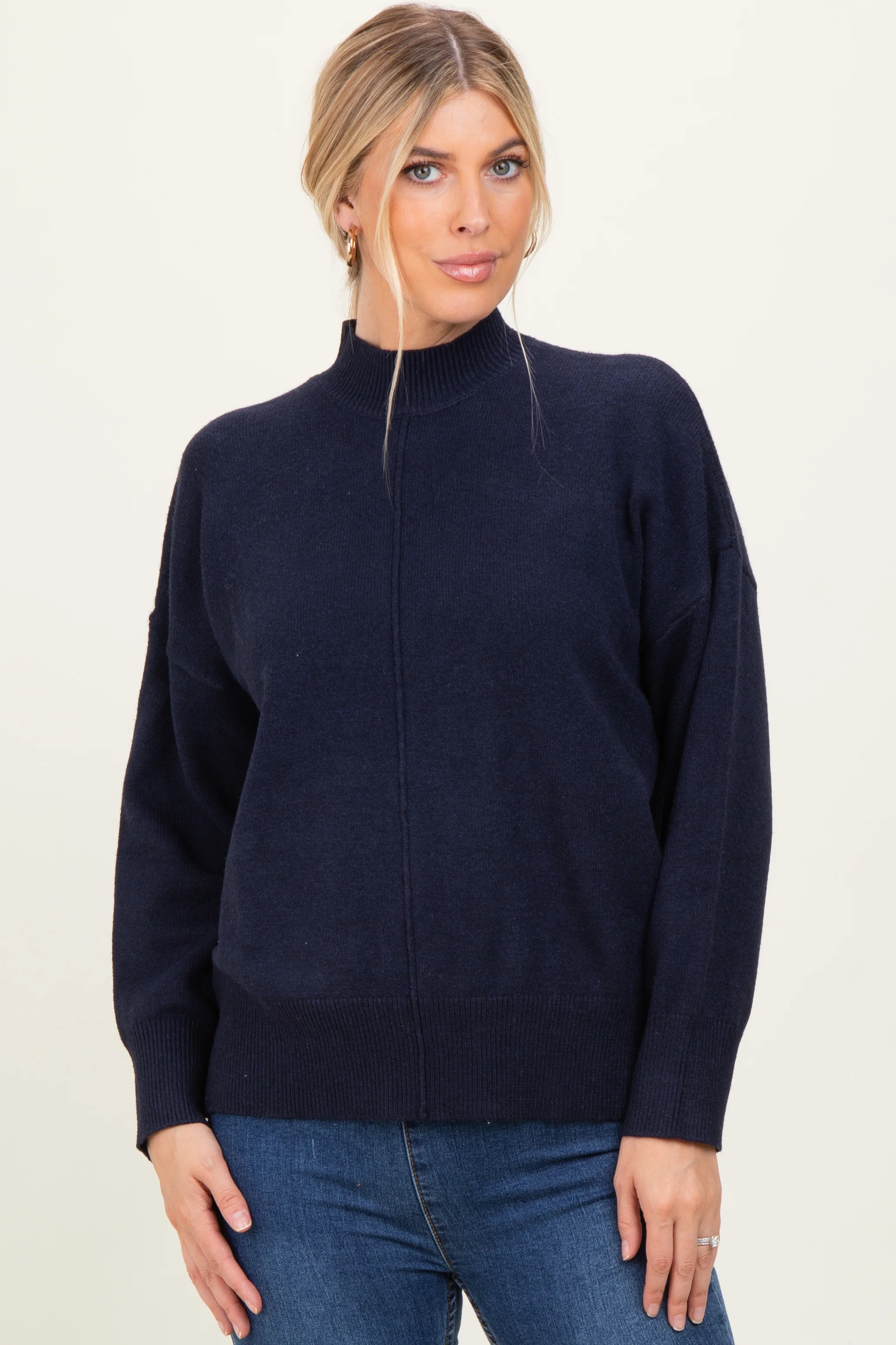 Navy Front Seam Mock Neck Sweater - Image 2