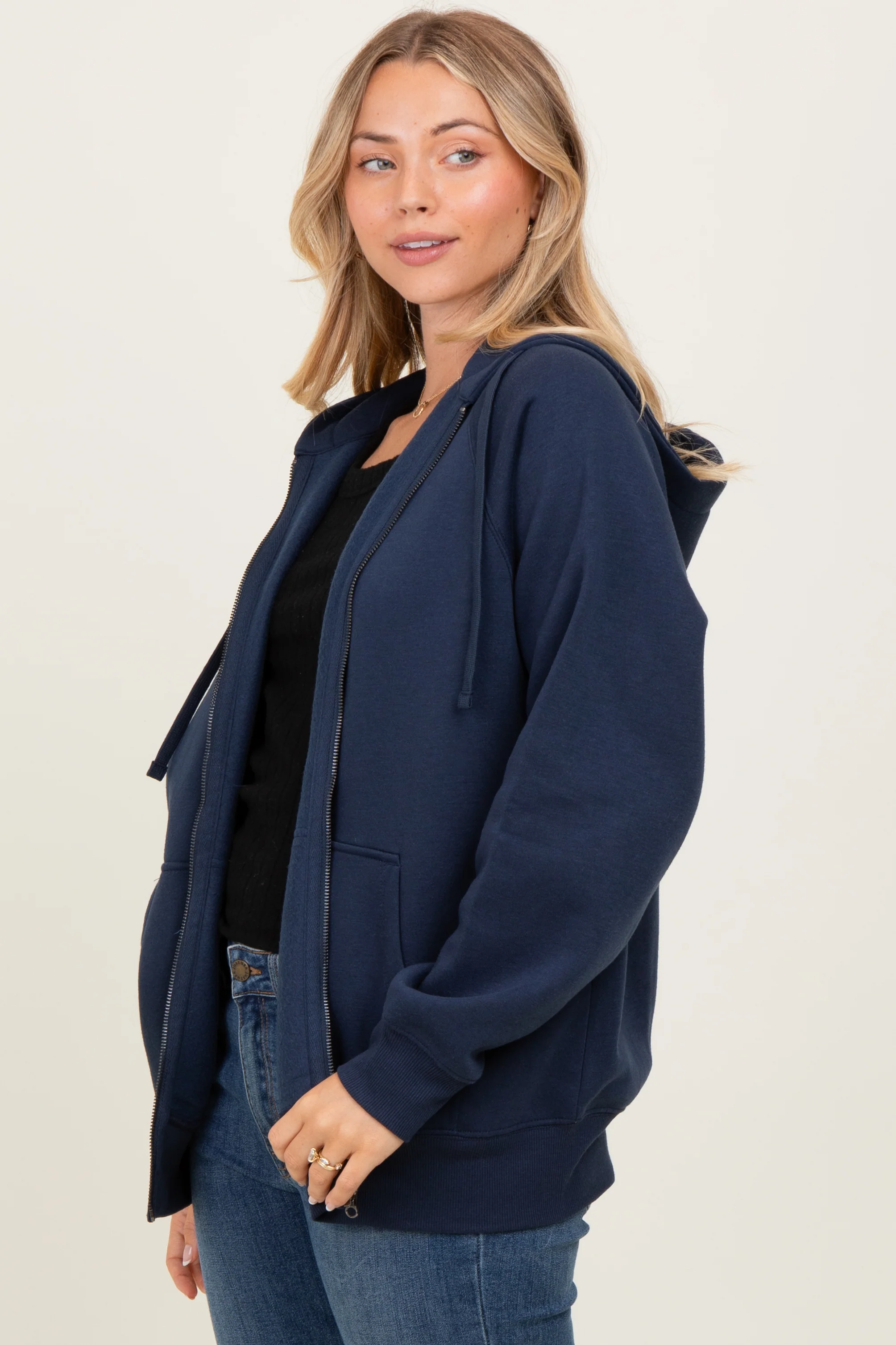 Navy Front Zipper Hooded Sweater - Image 2
