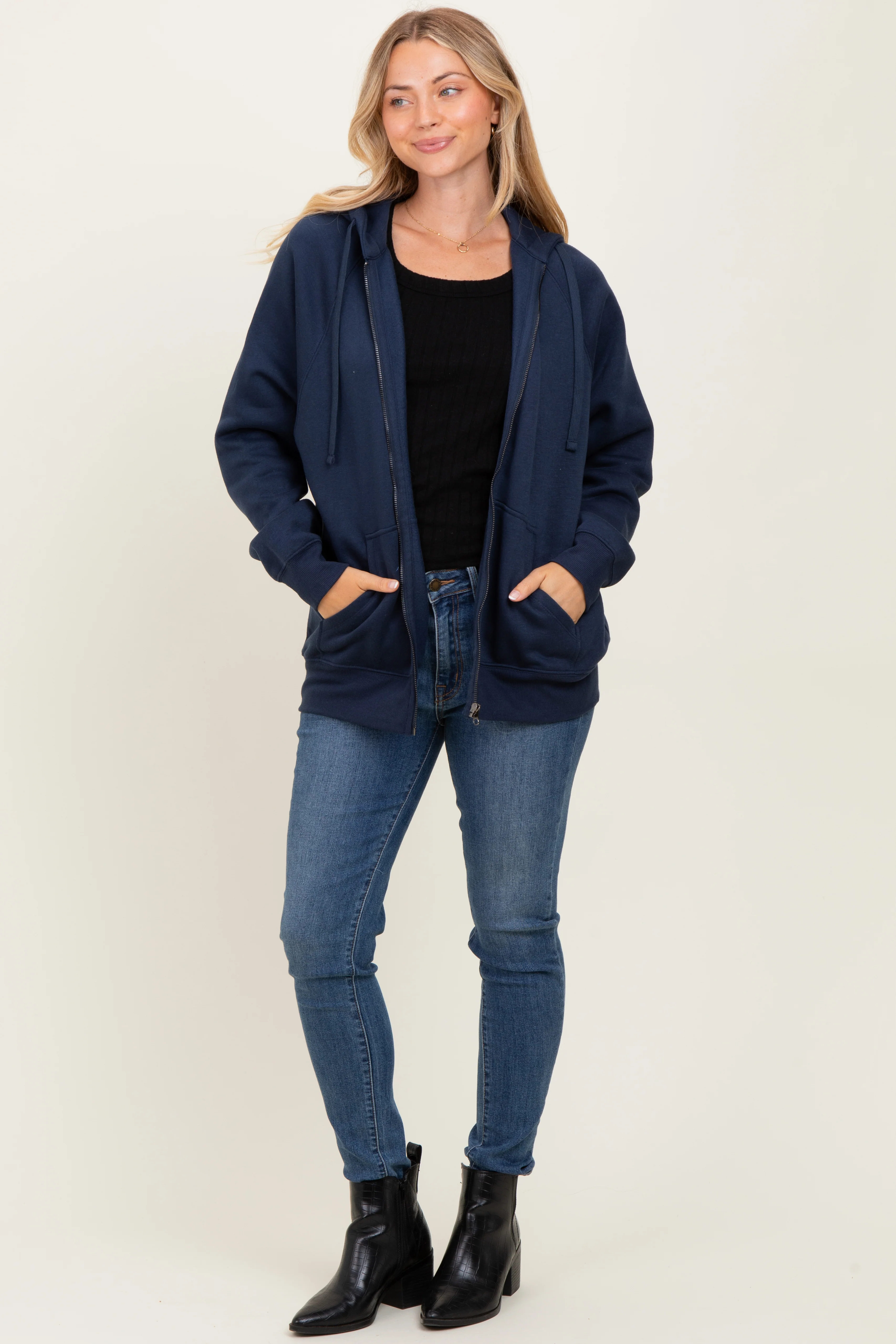 Navy Front Zipper Hooded Sweater - Image 4