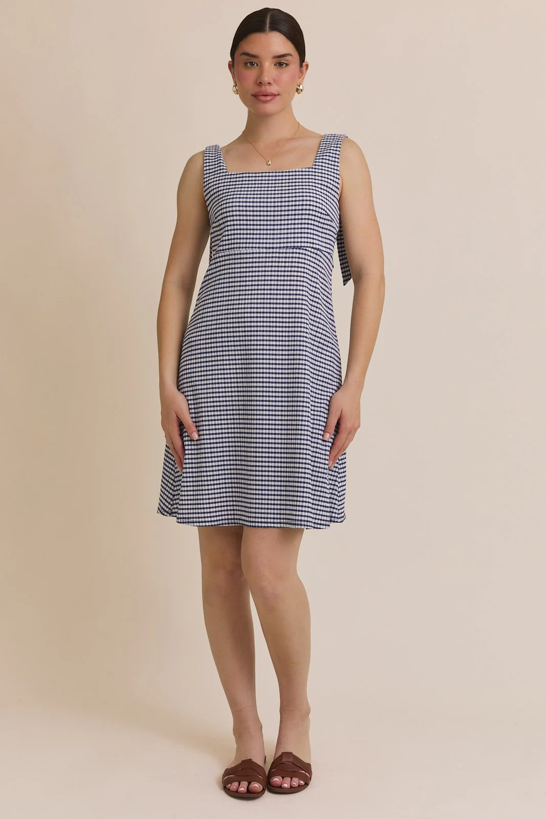 Navy Gingham Square Neck Bow Strap Dress - Image 4