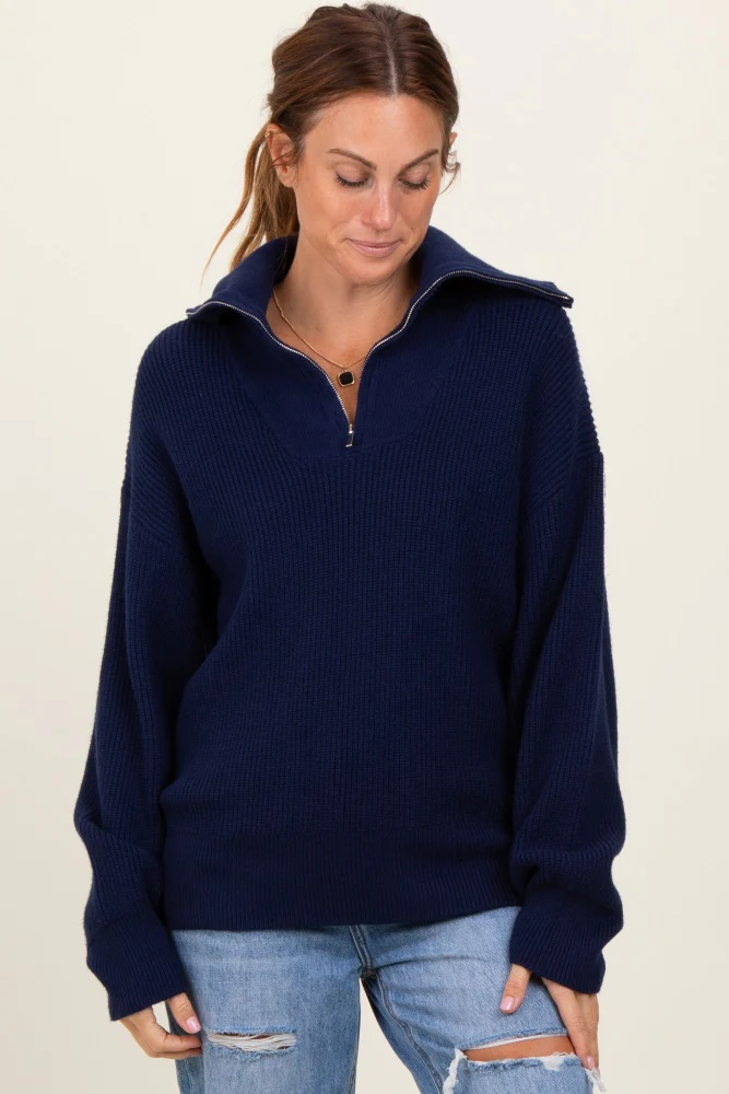 Navy Half Zip Chunky Knit Maternity Pullover Sweater - Image 6