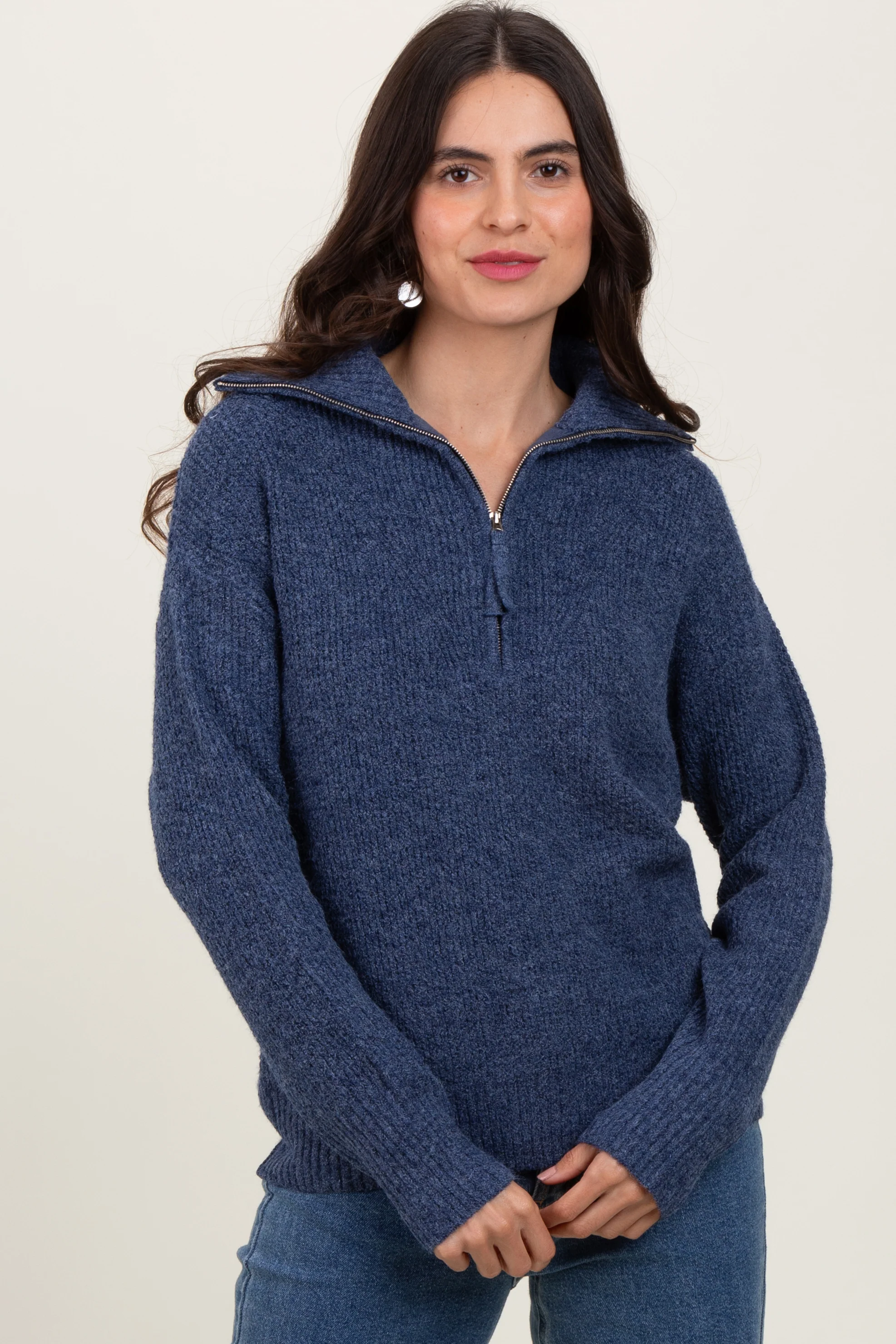 Navy Half Zip Maternity Pullover Sweater - Image 4