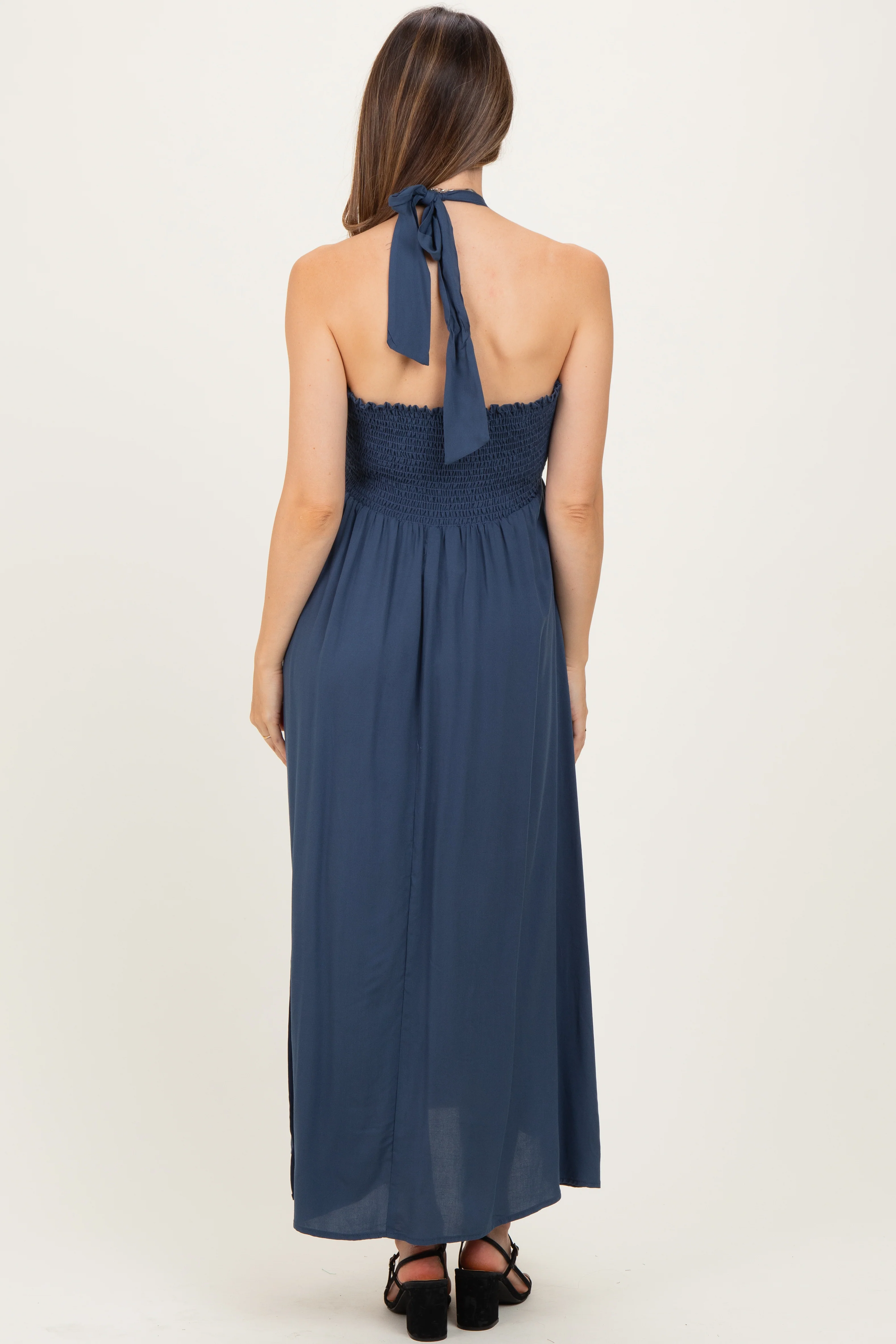 Navy Halter Neck Side Slit Maternity Midi Dress - Image 3