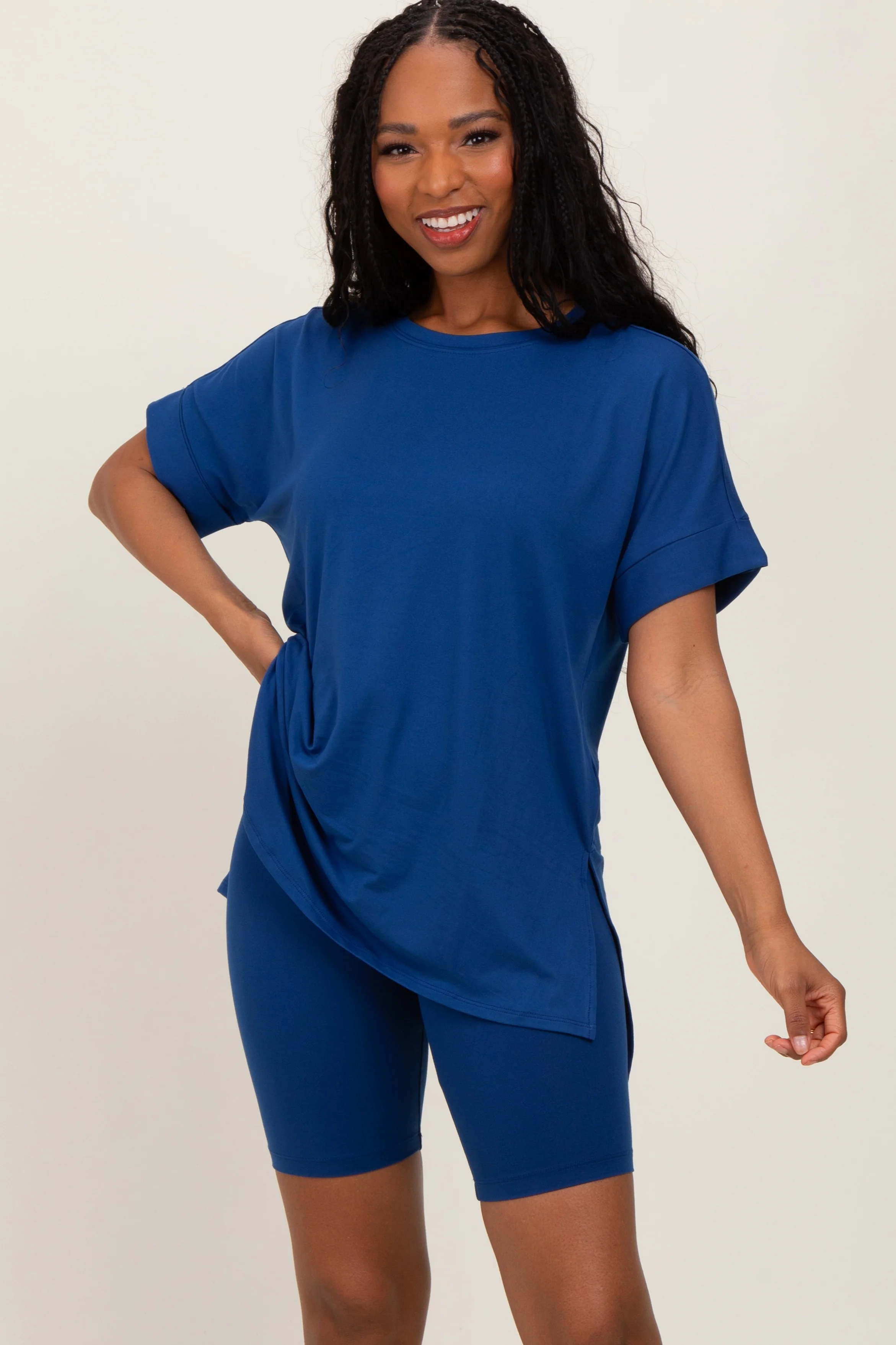 Navy Hi-Low Short Sleeve Tee Biker Short Maternity Set - Image 5