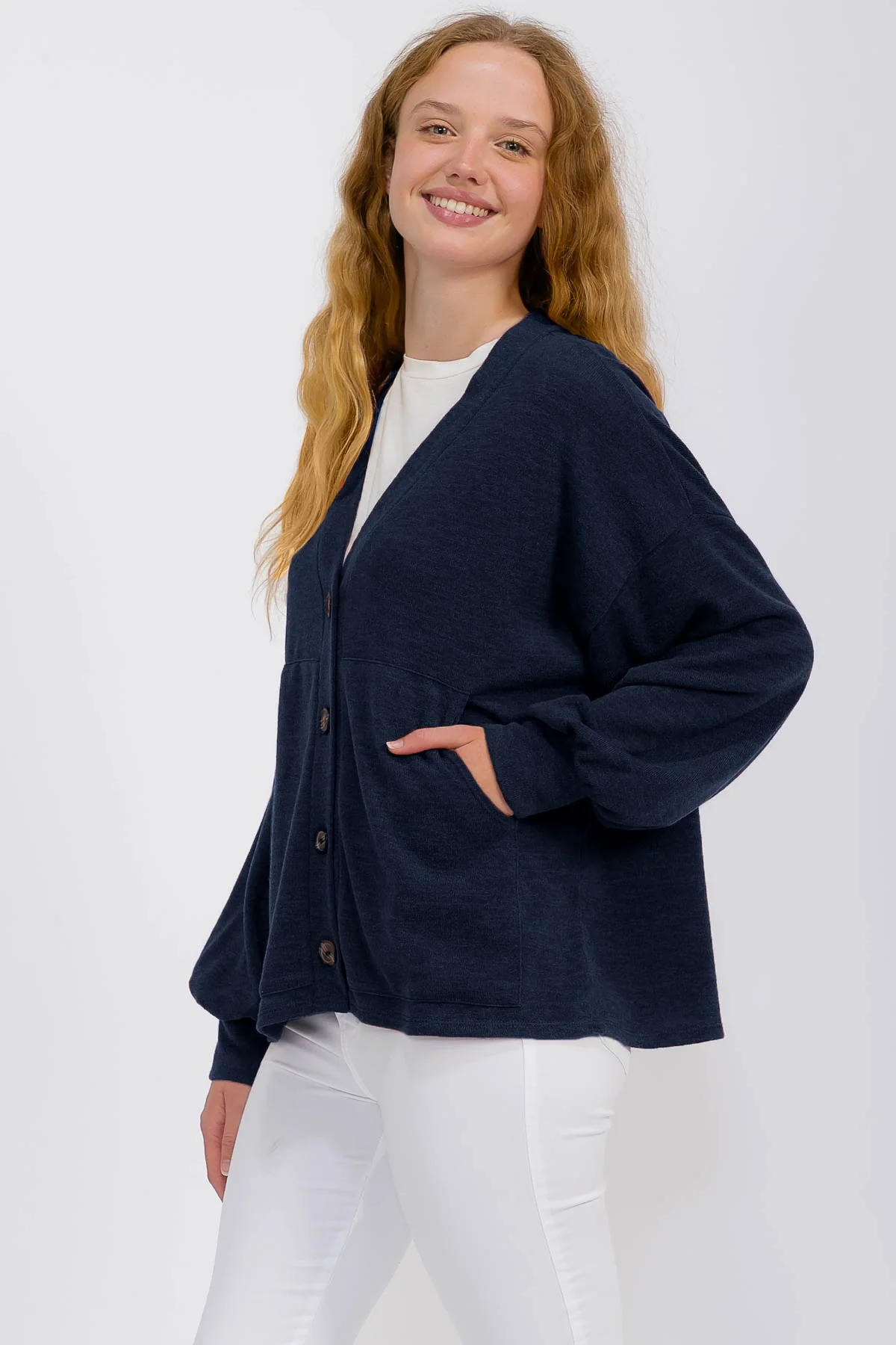 Navy Knit Button Front Cardigan - Image 2