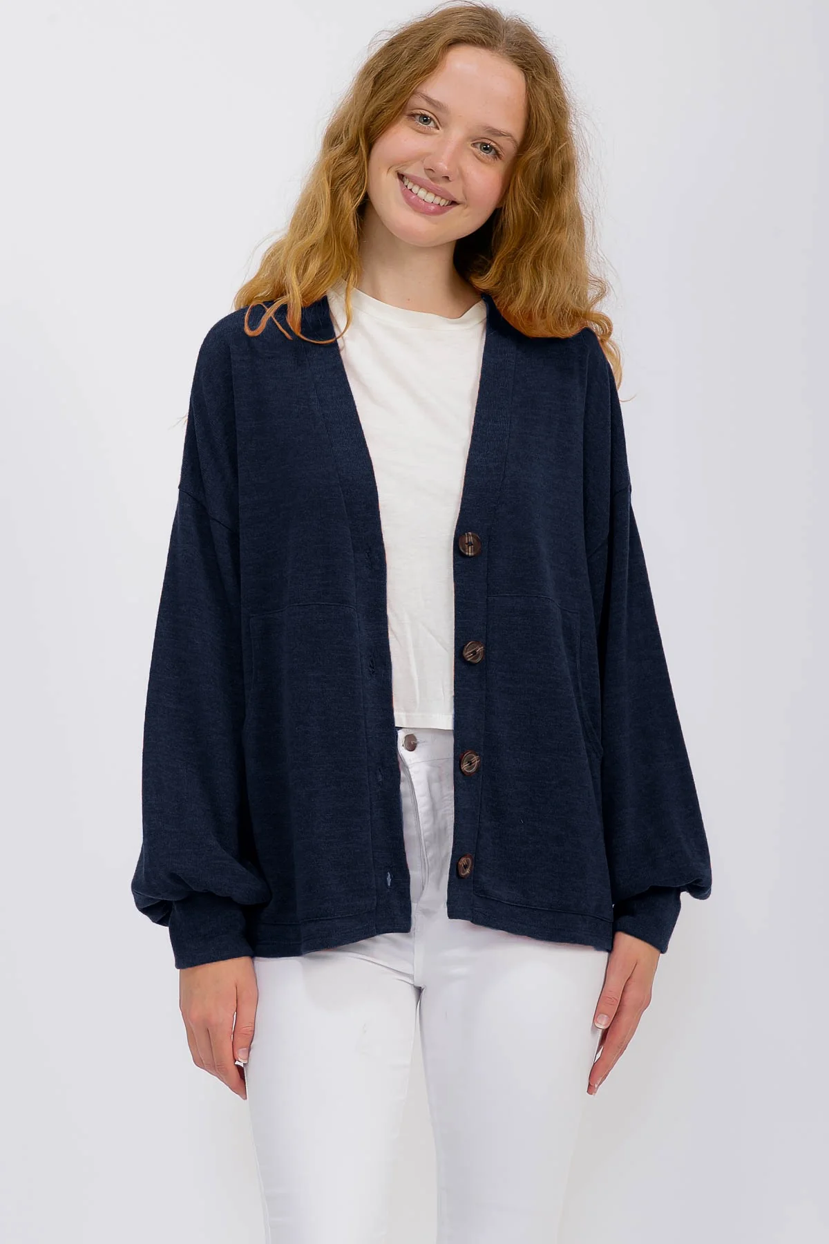 Navy Knit Button Front Maternity Cardigan - Image 3