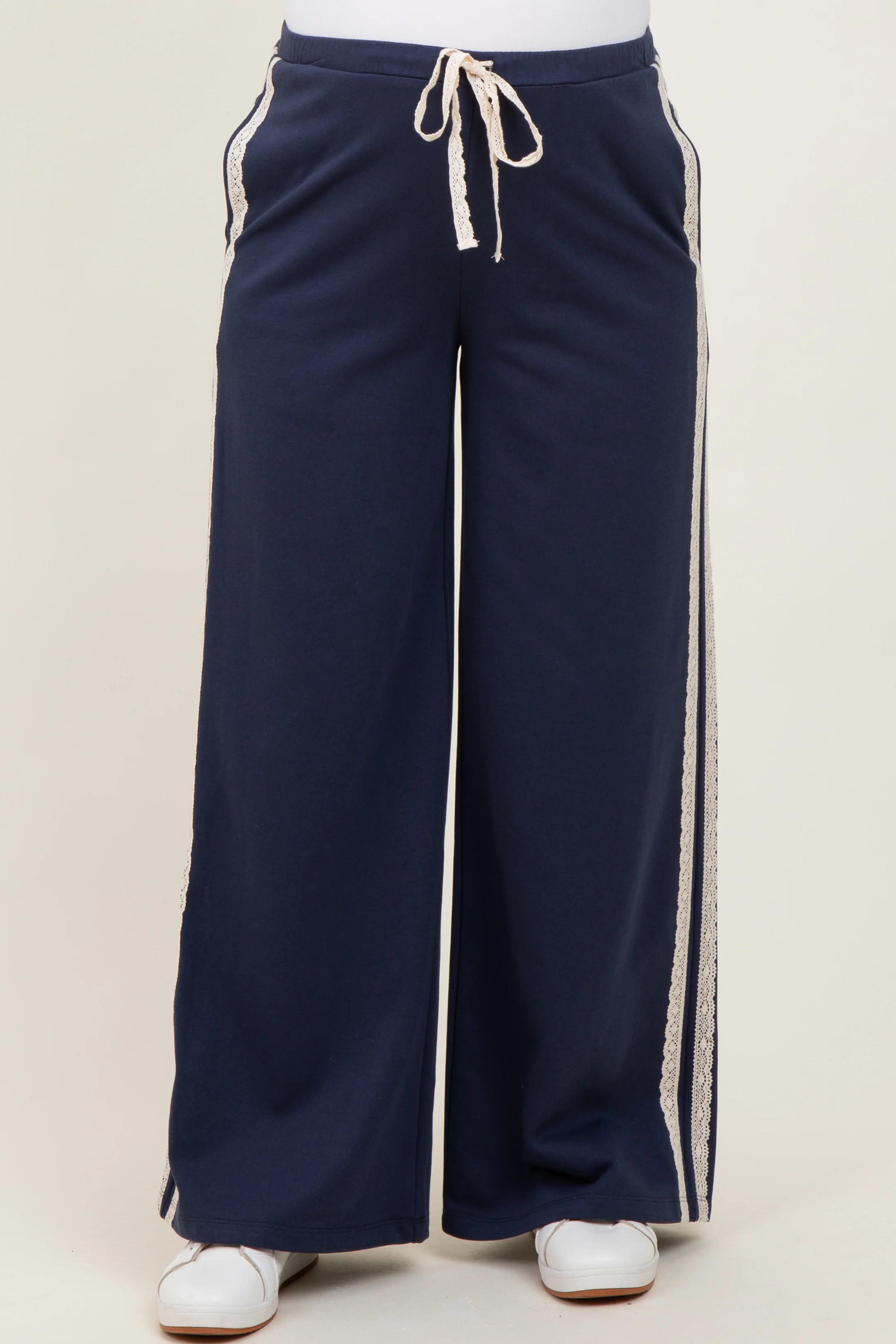 Navy Lace Stripe Drawstring Maternity Lounge Pants - Image 3