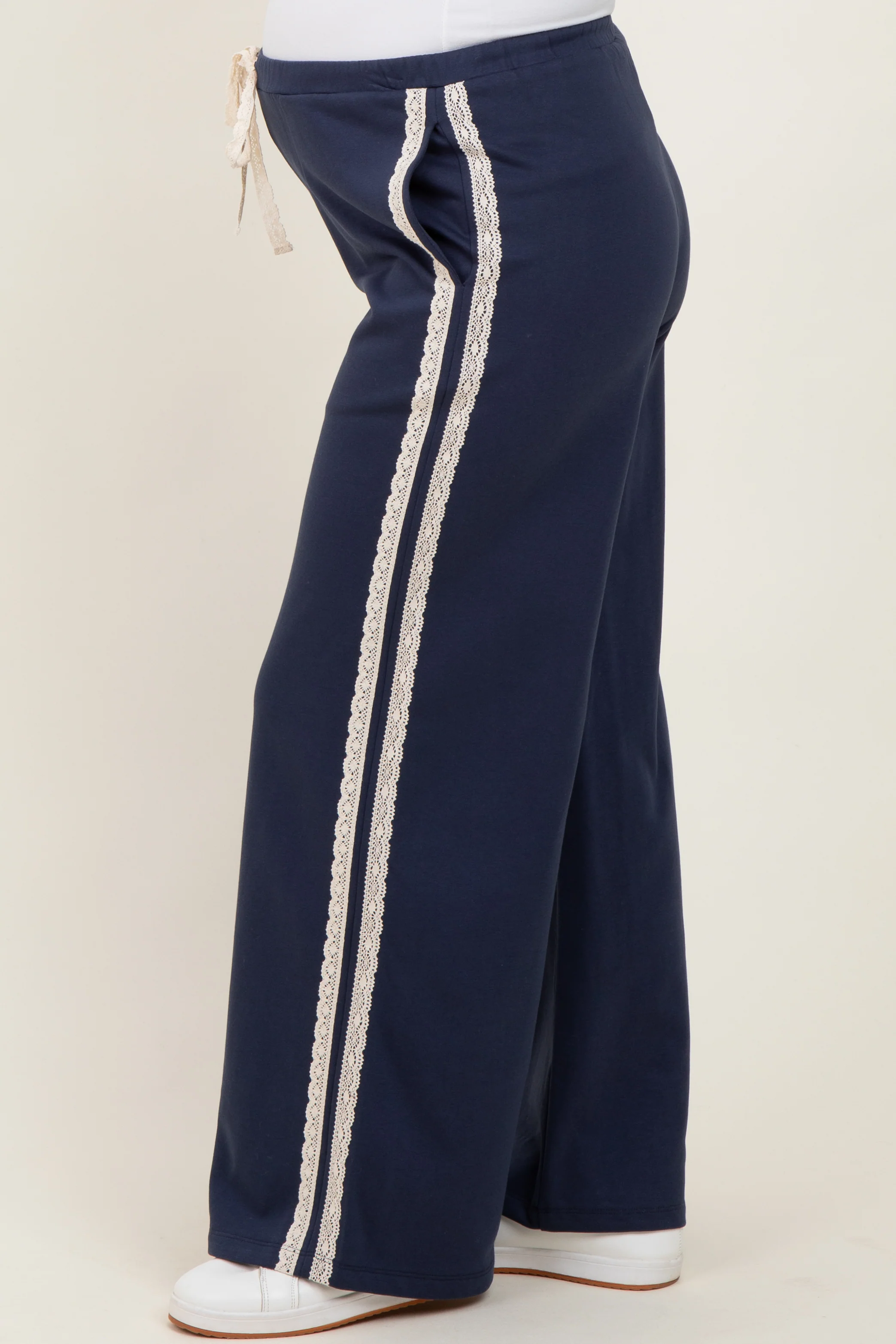 Navy Lace Stripe Drawstring Maternity Lounge Pants - Image 4