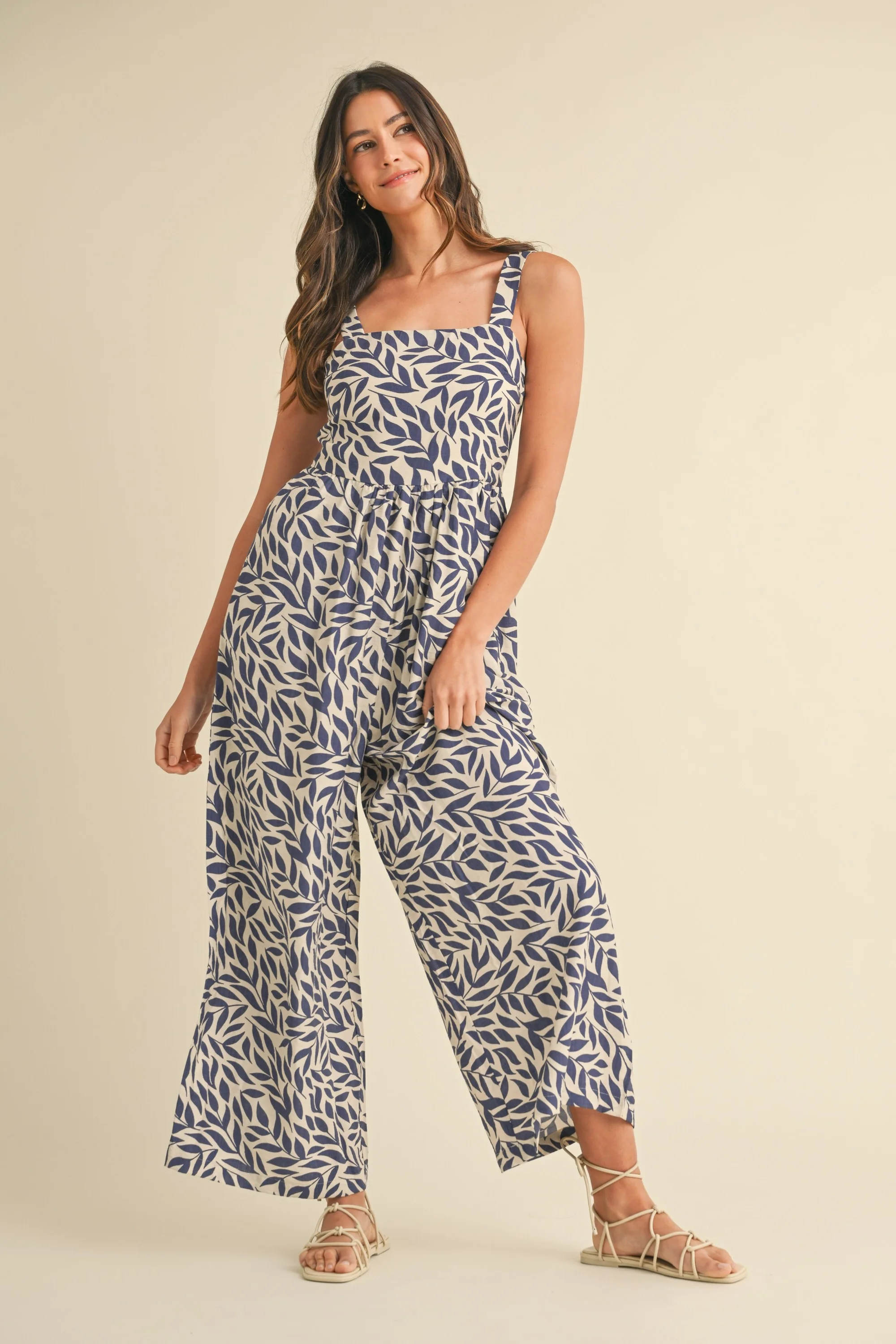 Navy Leaf Print Buckle Strap Wide Leg Maternity Jumpsuit - Image 5