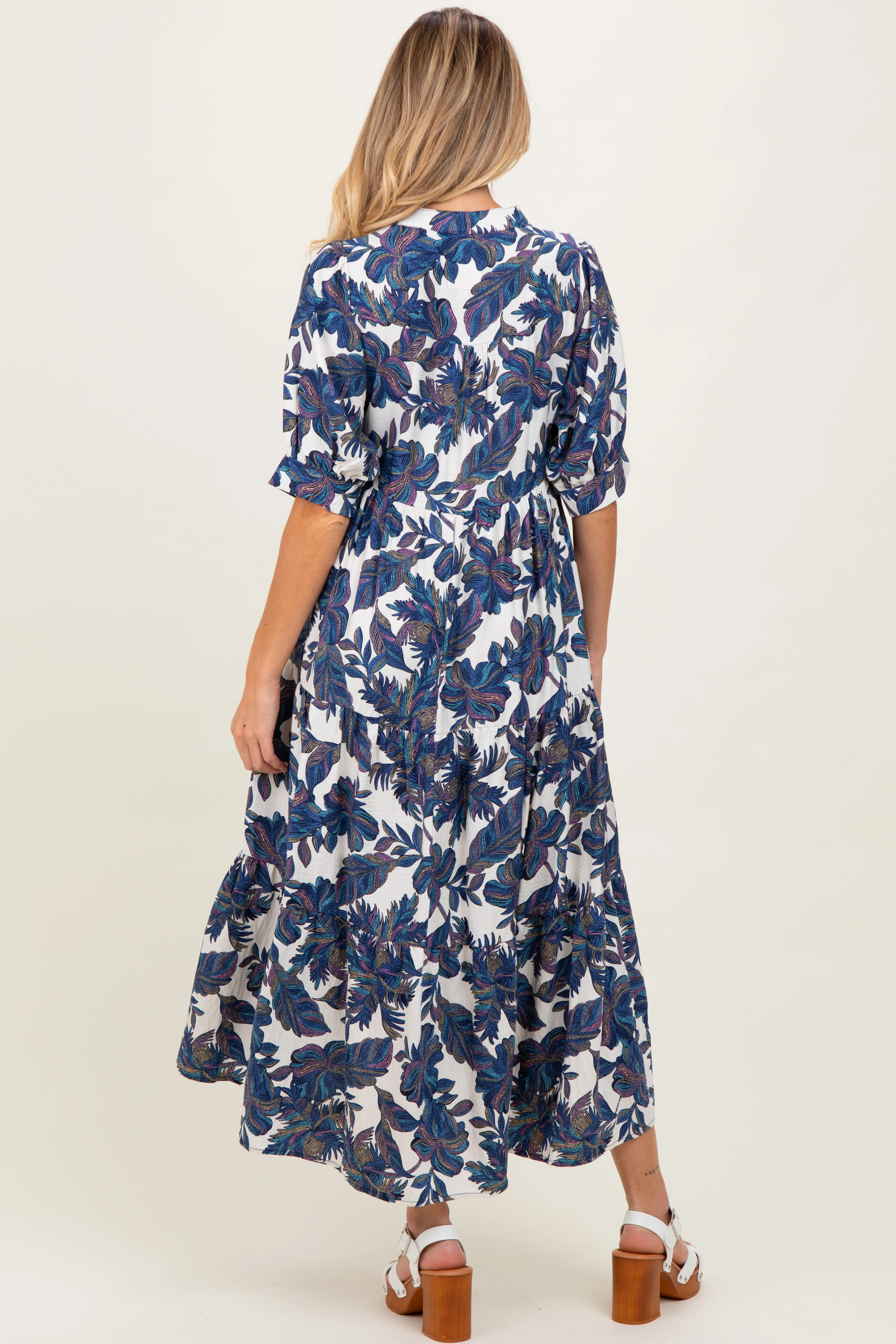 Navy Leaf Print Tiered Maternity Midi Dress - Image 4