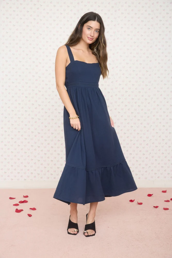 Navy Linen Blend Sleeveless Midi Dress - Image 4