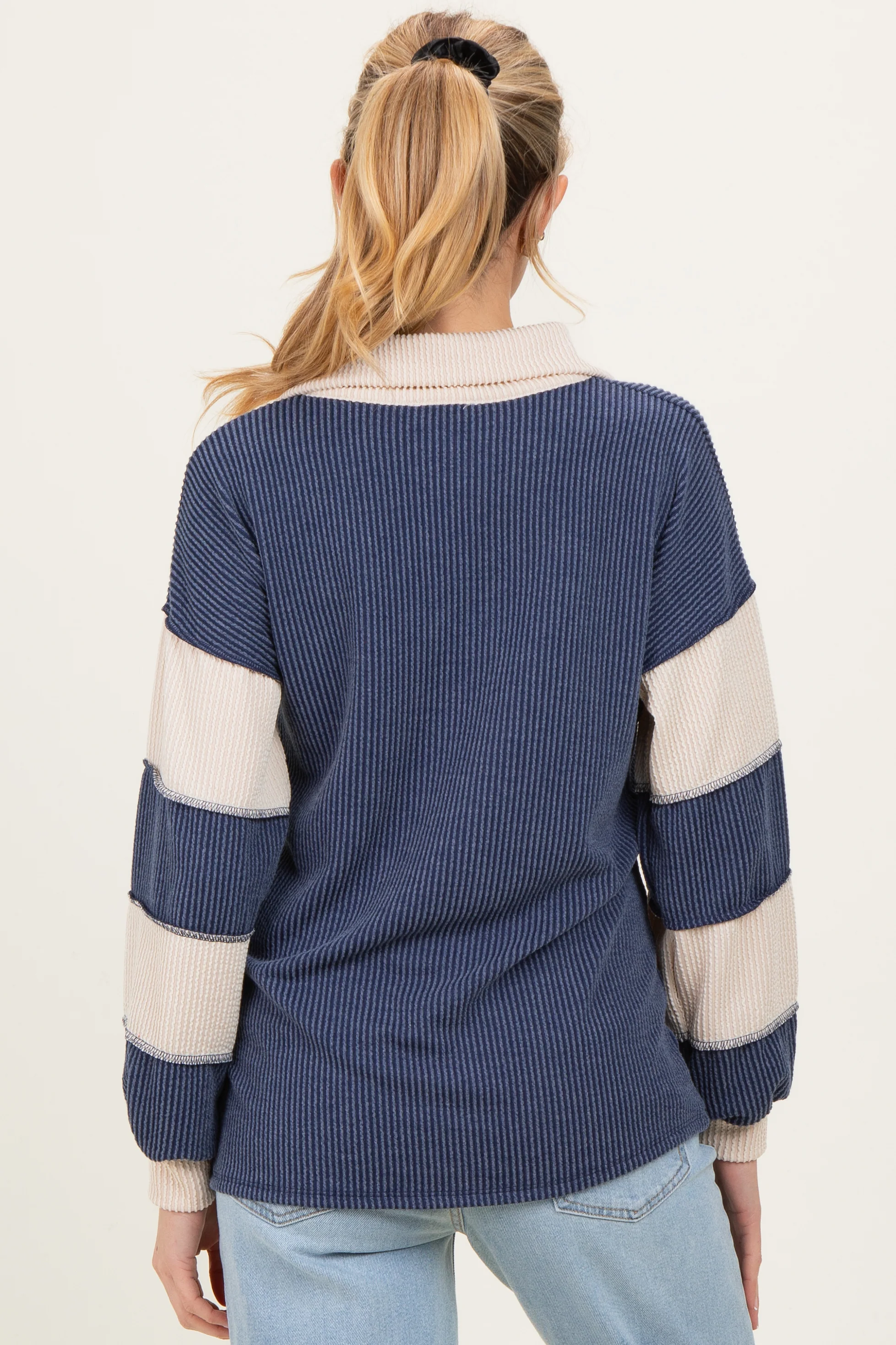 Navy Long Sleeve Collar Solid Contrast Maternity Top - Image 4