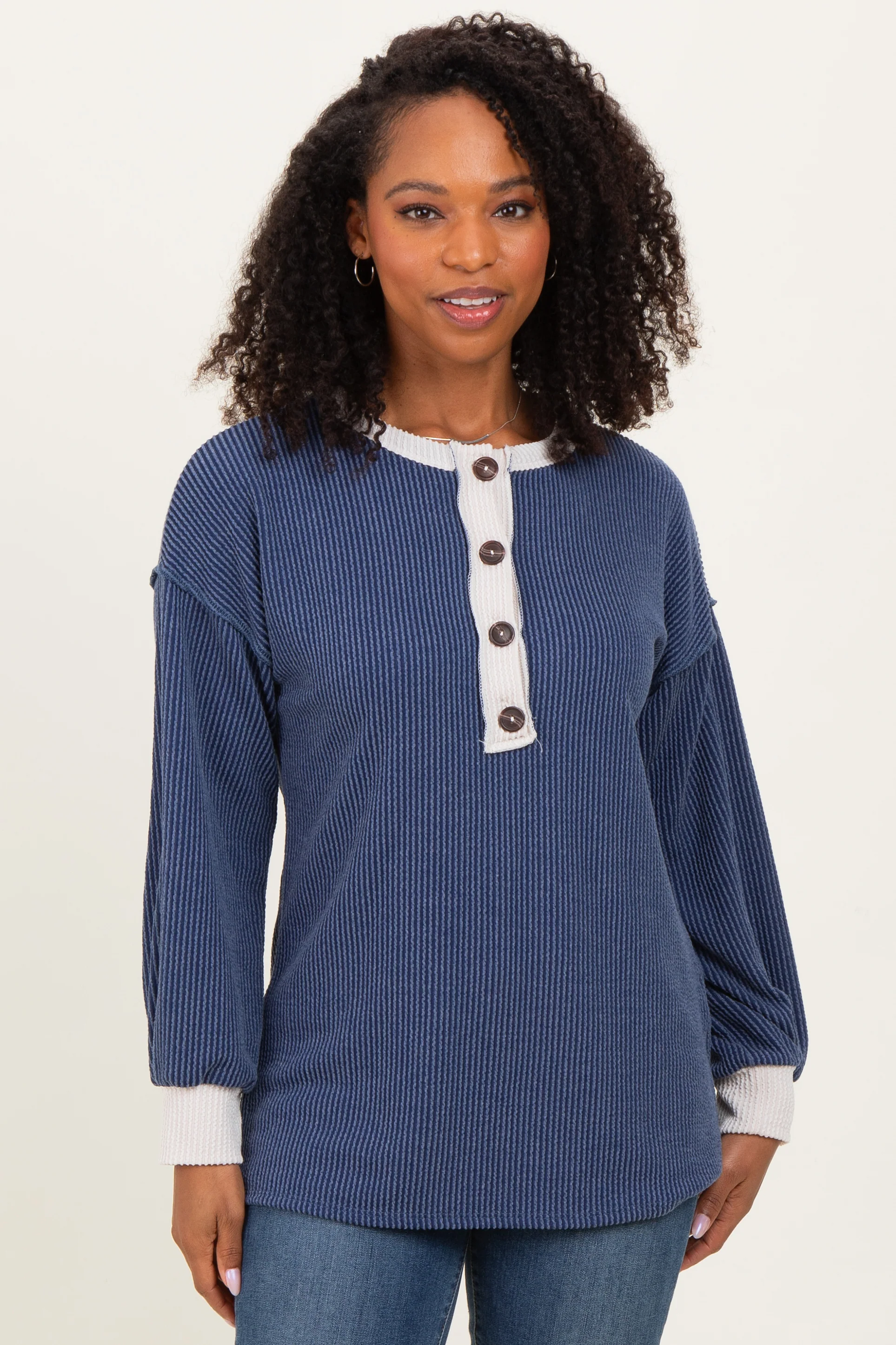 Navy Long Sleeve Contrast Button Detail Rib Maternity Top - Image 3