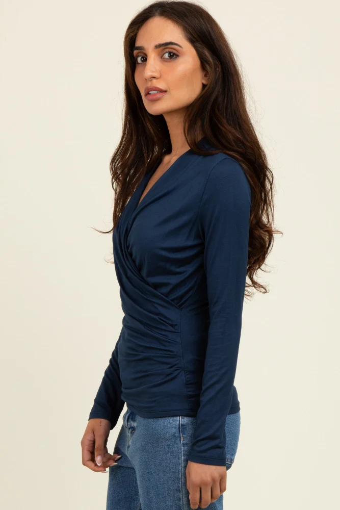 Navy Long Sleeve Wrap Front Nursing Top - Image 2