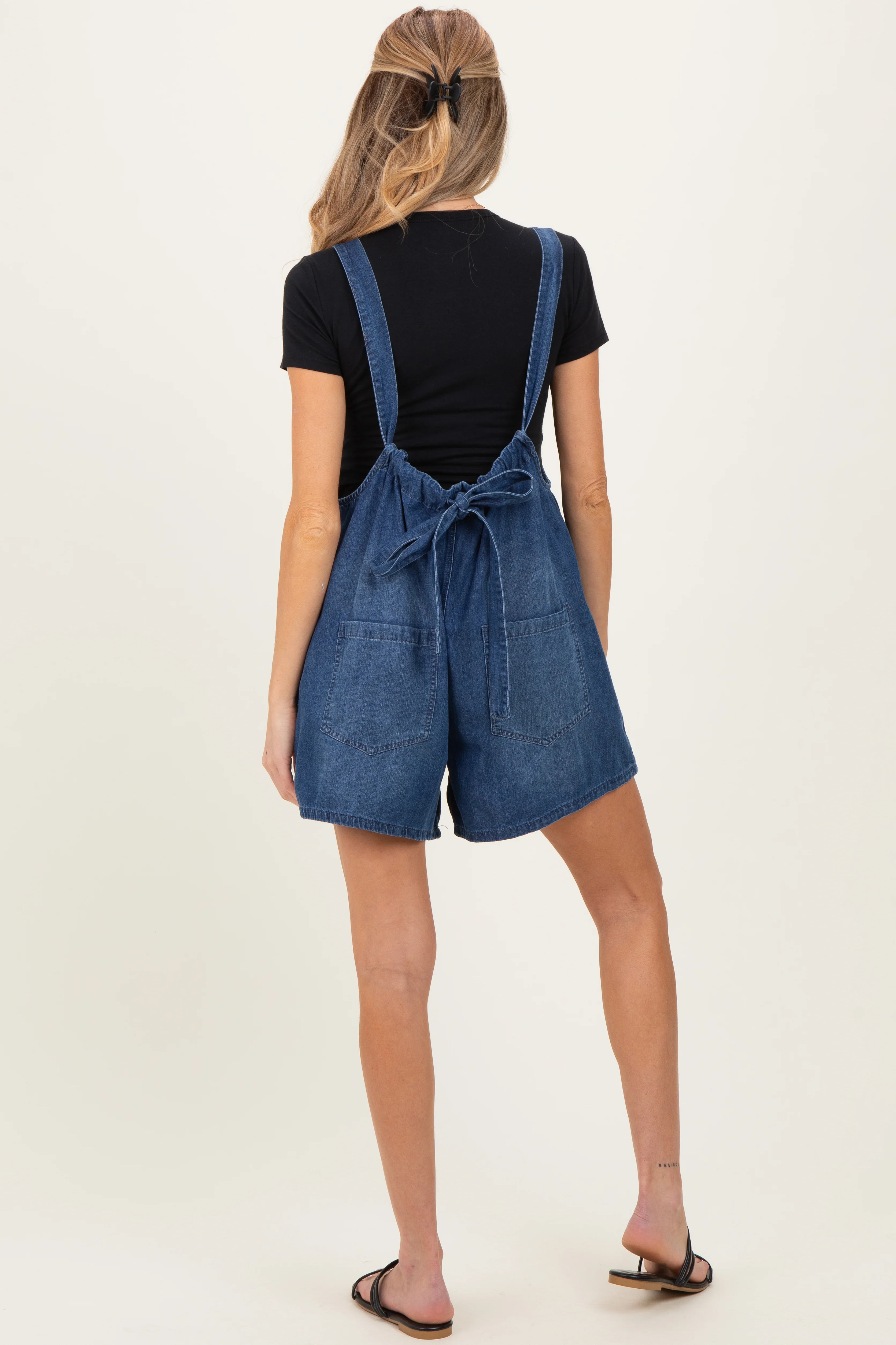 Navy Low Tie Back Maternity Denim Shortall - Image 4