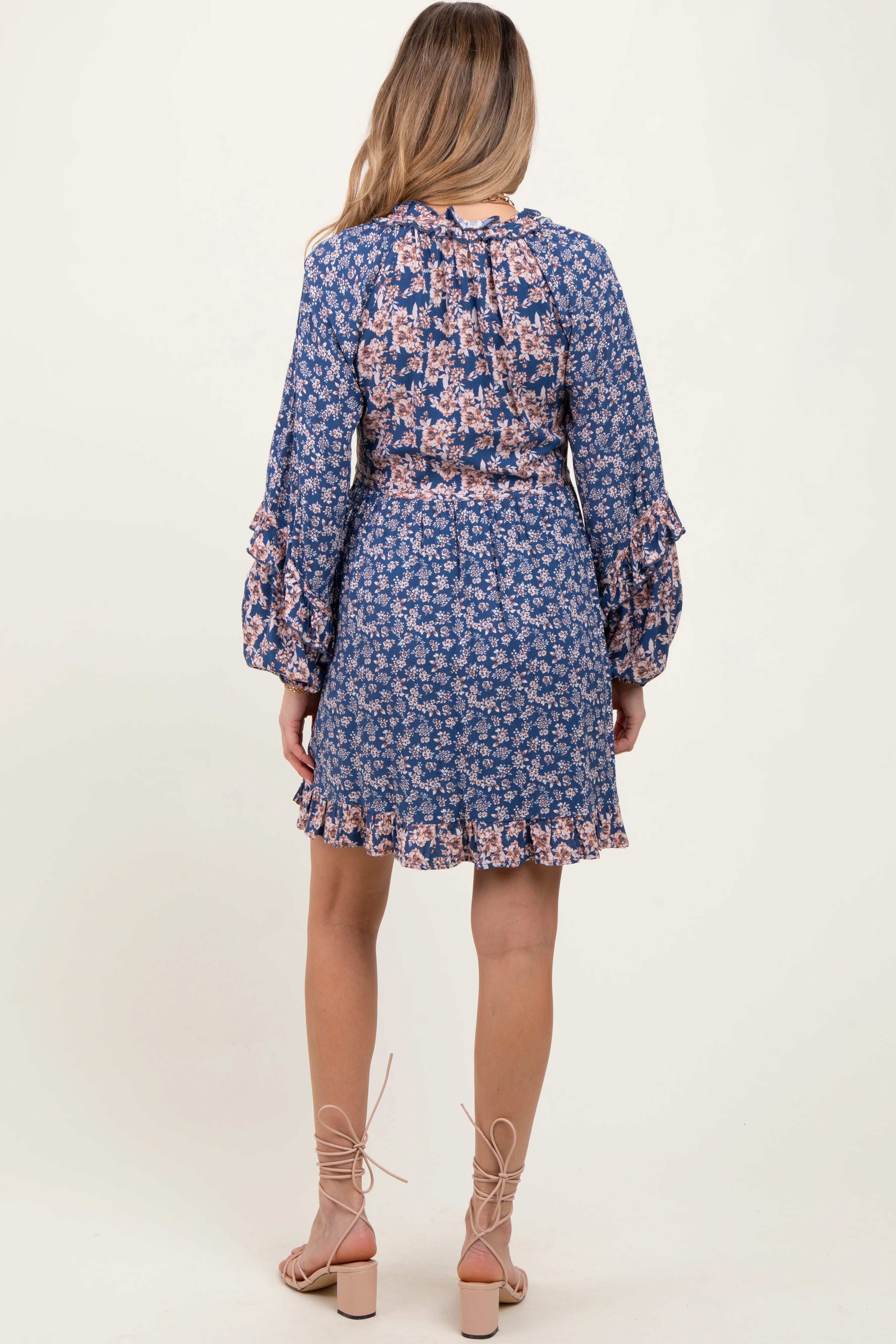 Navy Mixed Floral Tie Front Ruffle Accent Maternity Dress - Image 4