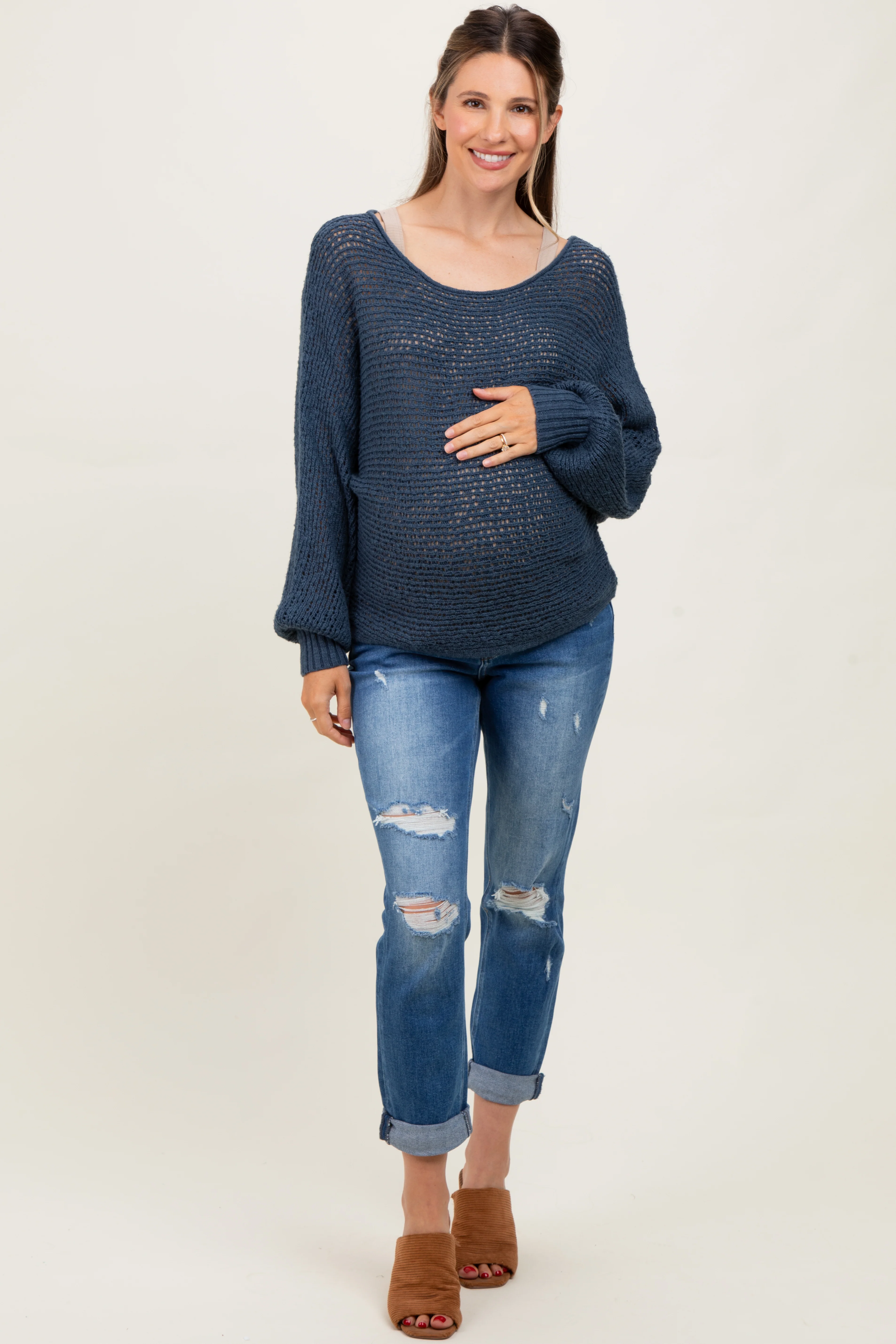 Navy Open Crochet Knit Wide Neck Maternity Sweater - Image 3