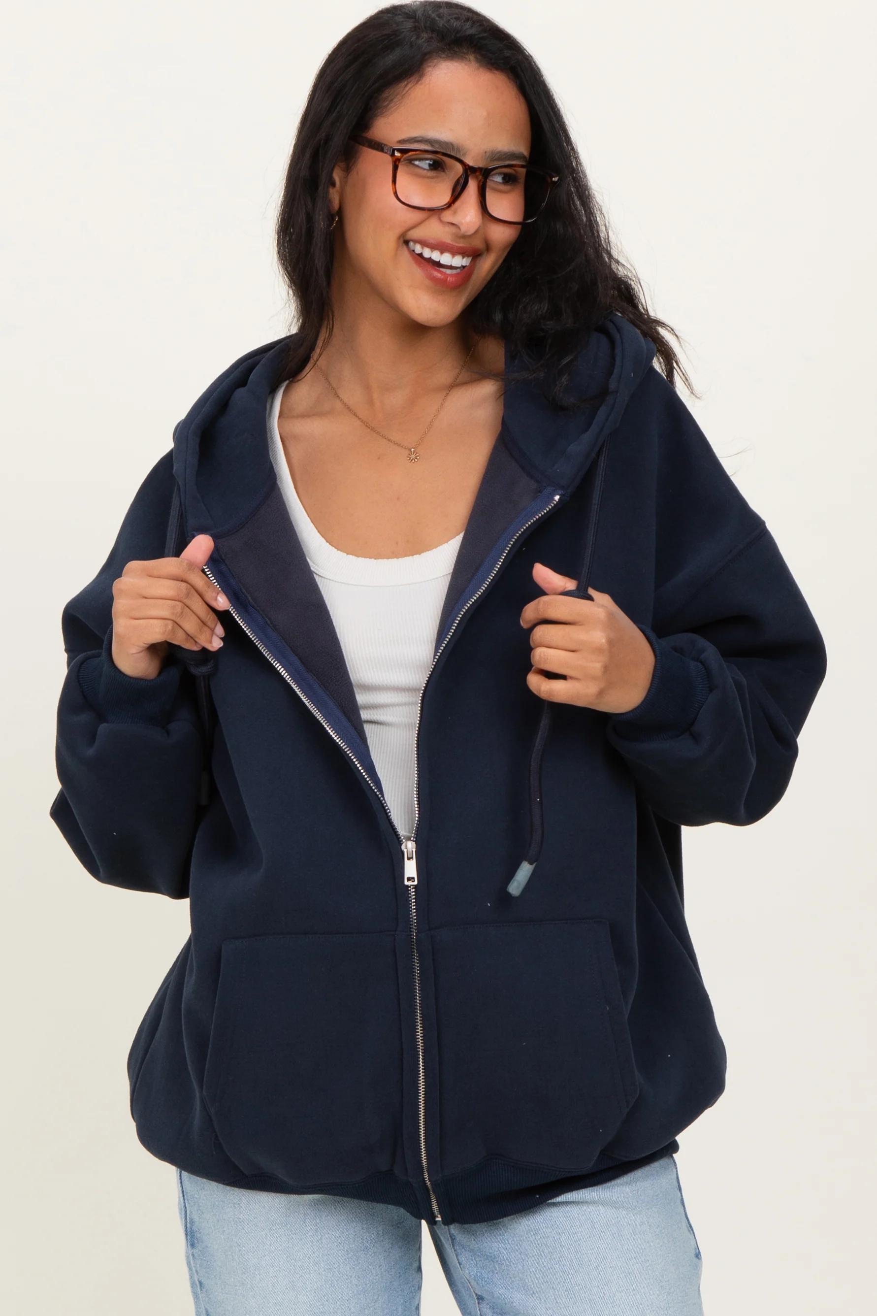 Navy Oversized Maternity Zip Up Hoodie - Image 3