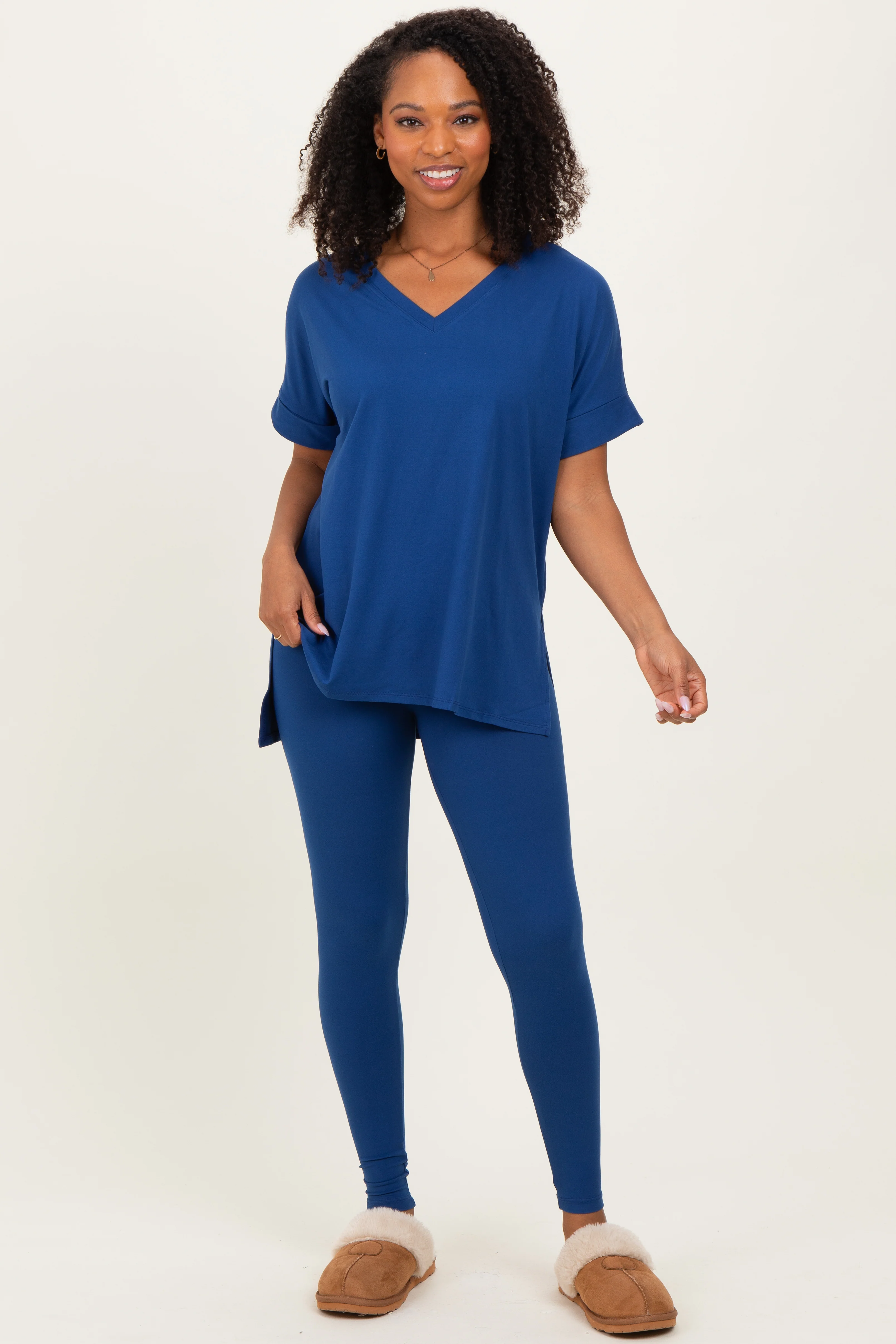 Navy Oversized V-Neck Tee Legging Maternity Lounge Set - Image 5