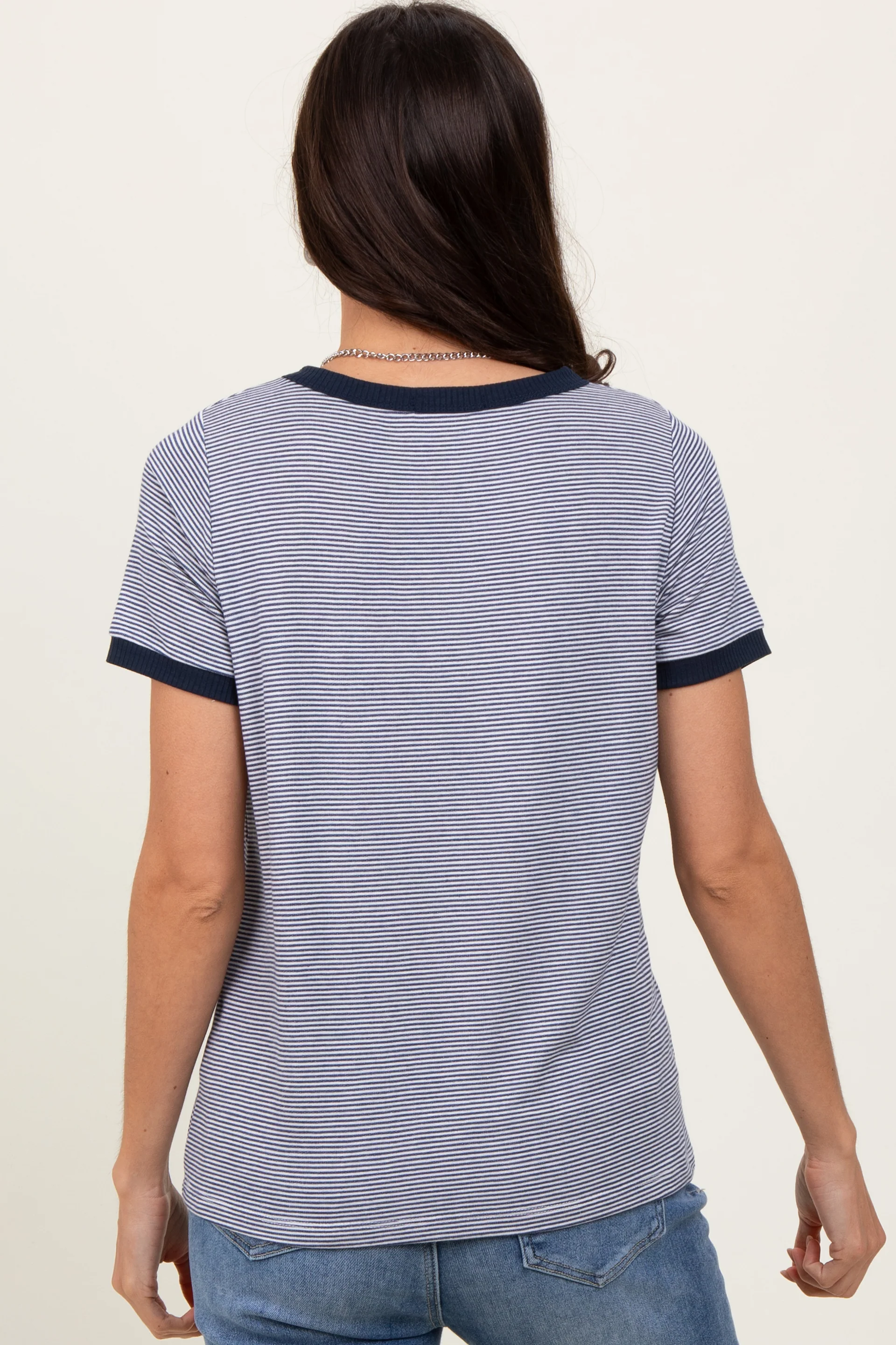 Navy Pinstripe Contrast Trim Tee - Image 4