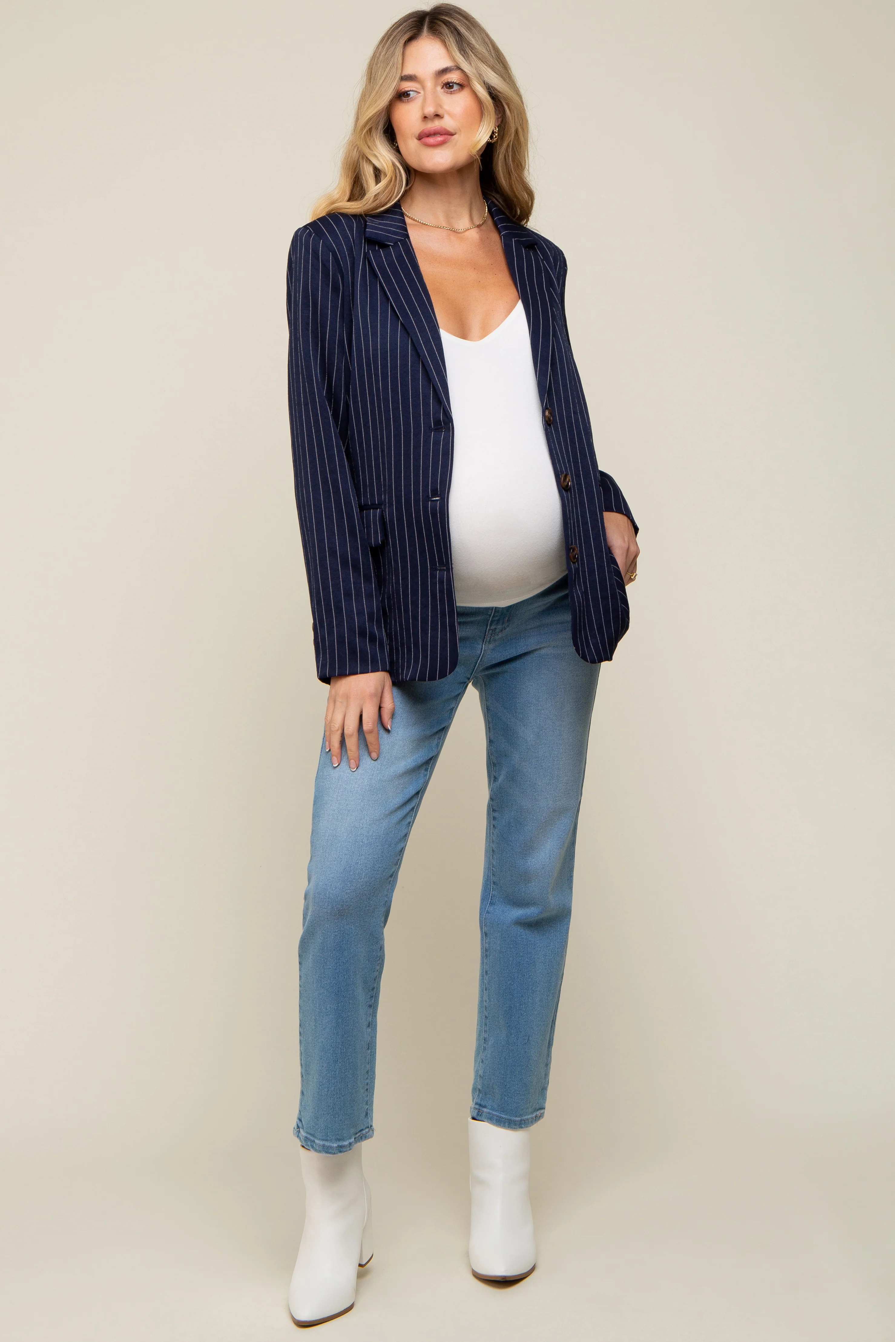 Navy Pinstripe Front Pocket Maternity Blazer - Image 6