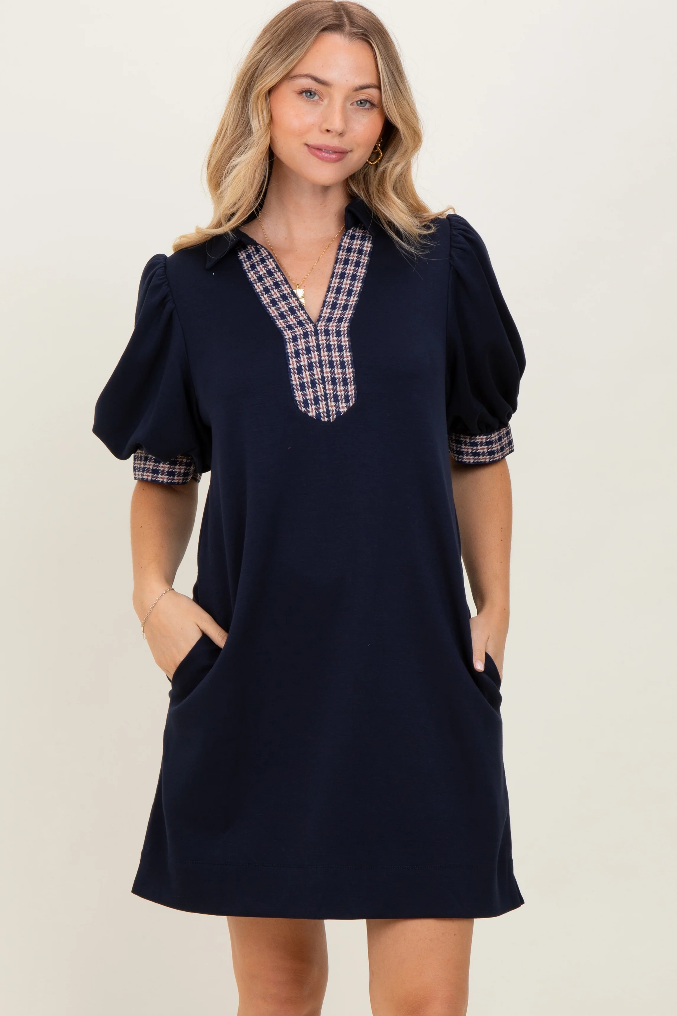 Navy Plaid Accent Puff Sleeve Maternity Mini Dress - Image 5
