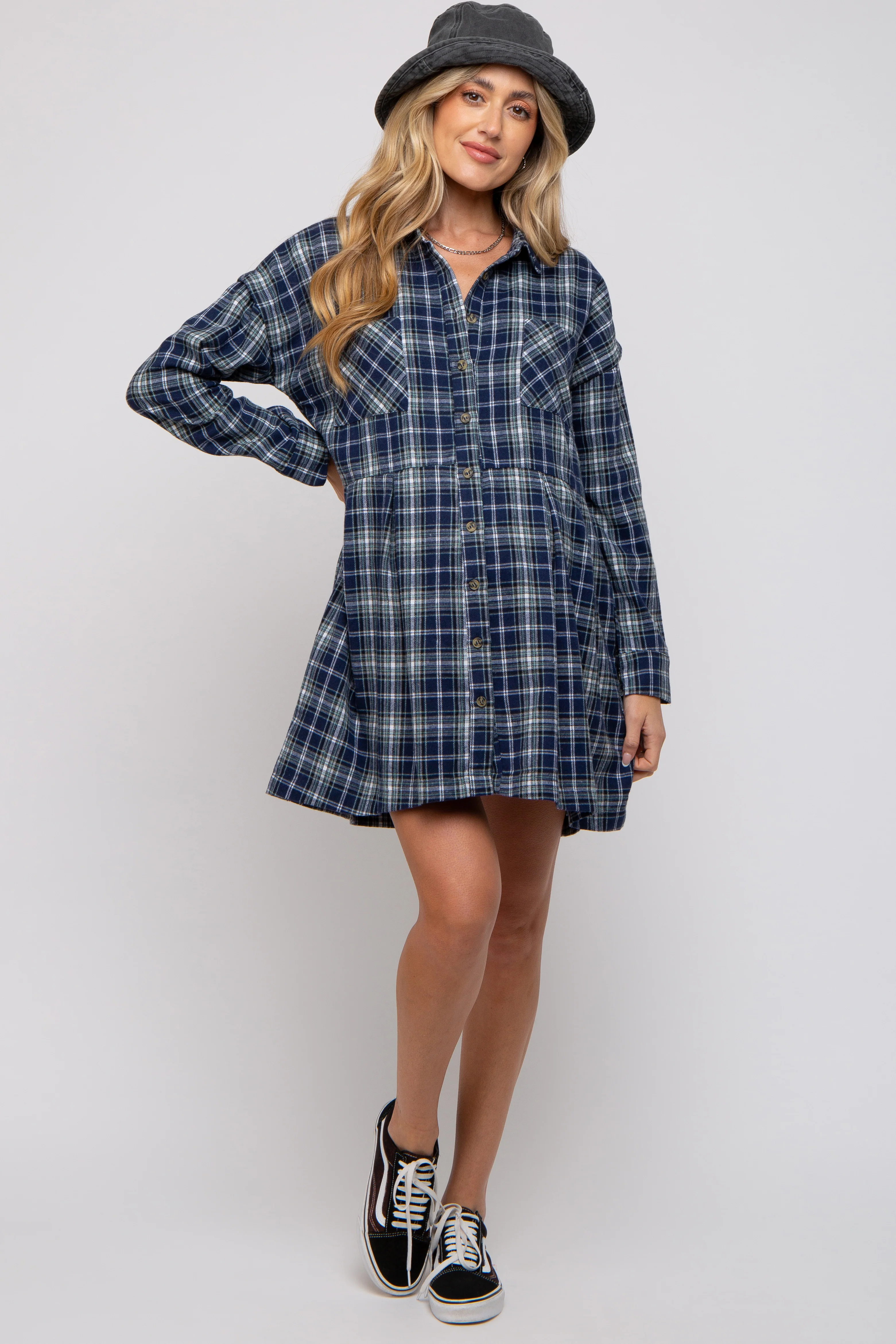 Navy Plaid Button Front Long Sleeve Maternity Dress - Image 5