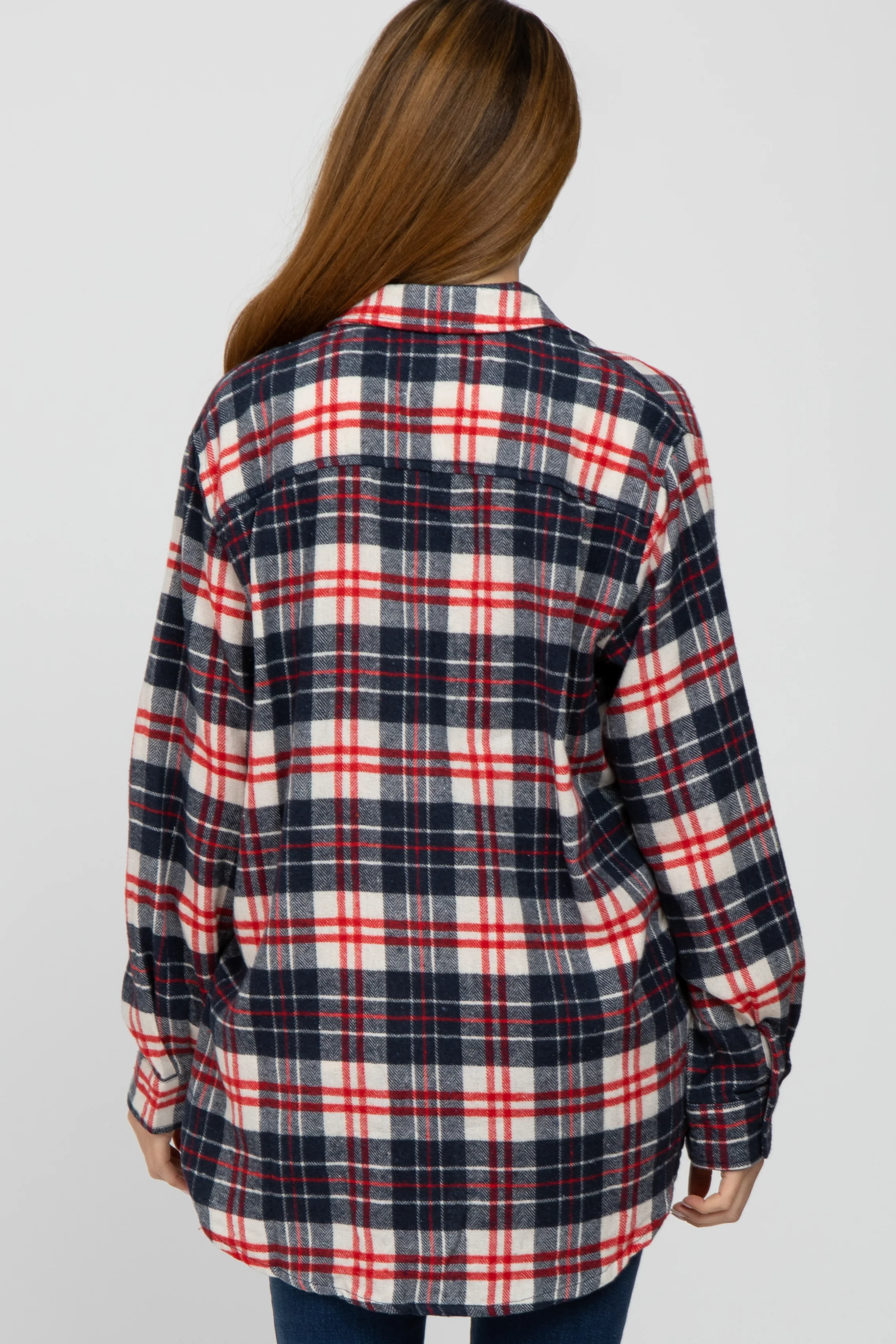 Navy Plaid Button Up Flannel Maternity Top - Image 3