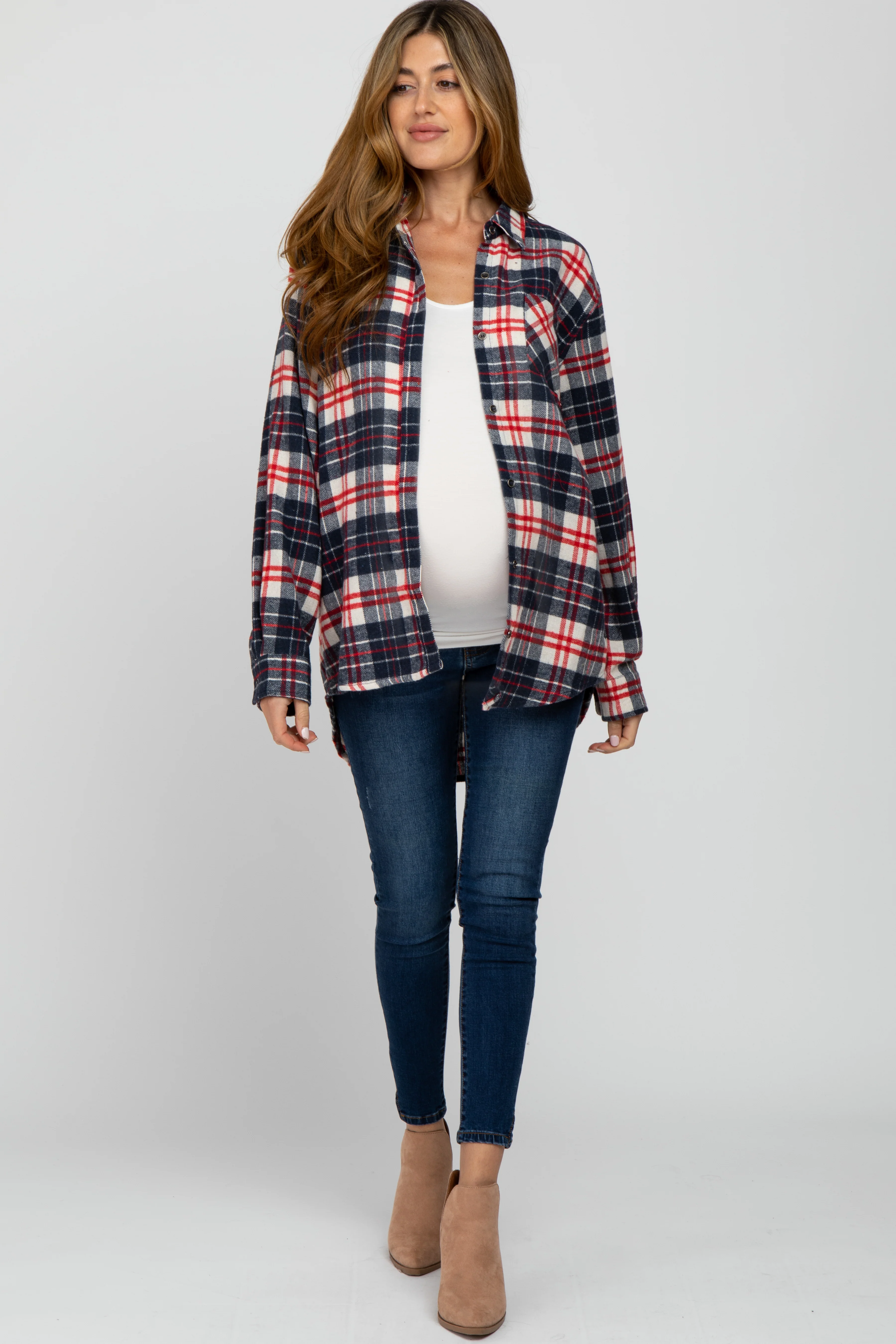 Navy Plaid Button Up Flannel Maternity Top - Image 4