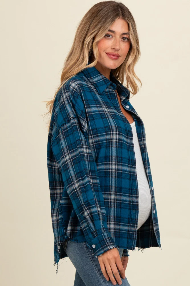 Navy Plaid Fringe Hem Maternity Shirt - Image 3