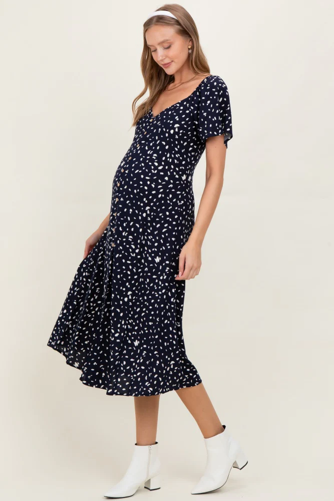 Navy Printed Button Accent Flutter Sleeve Maternity Midi Dress - Image 3