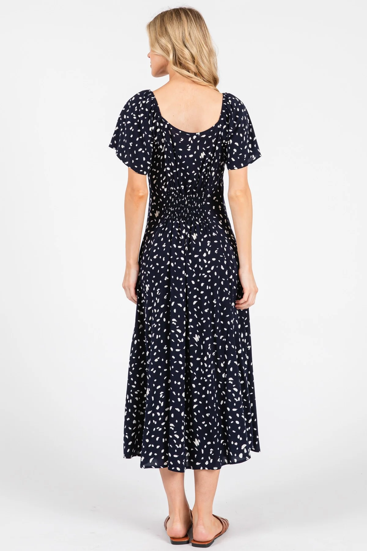 Navy Printed Button Accent Flutter Sleeve Midi Dress - Image 4