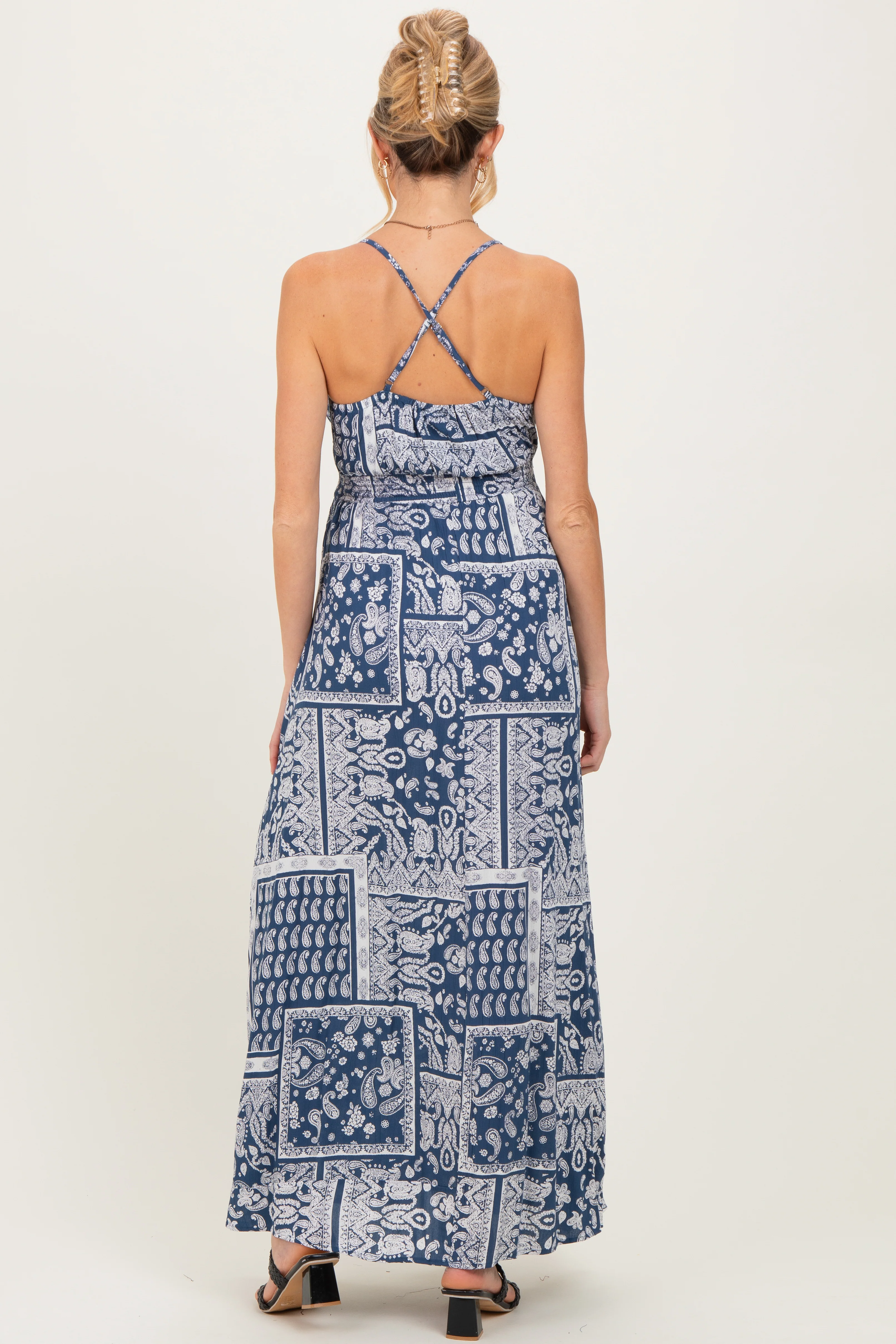 Navy Printed Crisscross Back Maternity Maxi Dress - Image 4