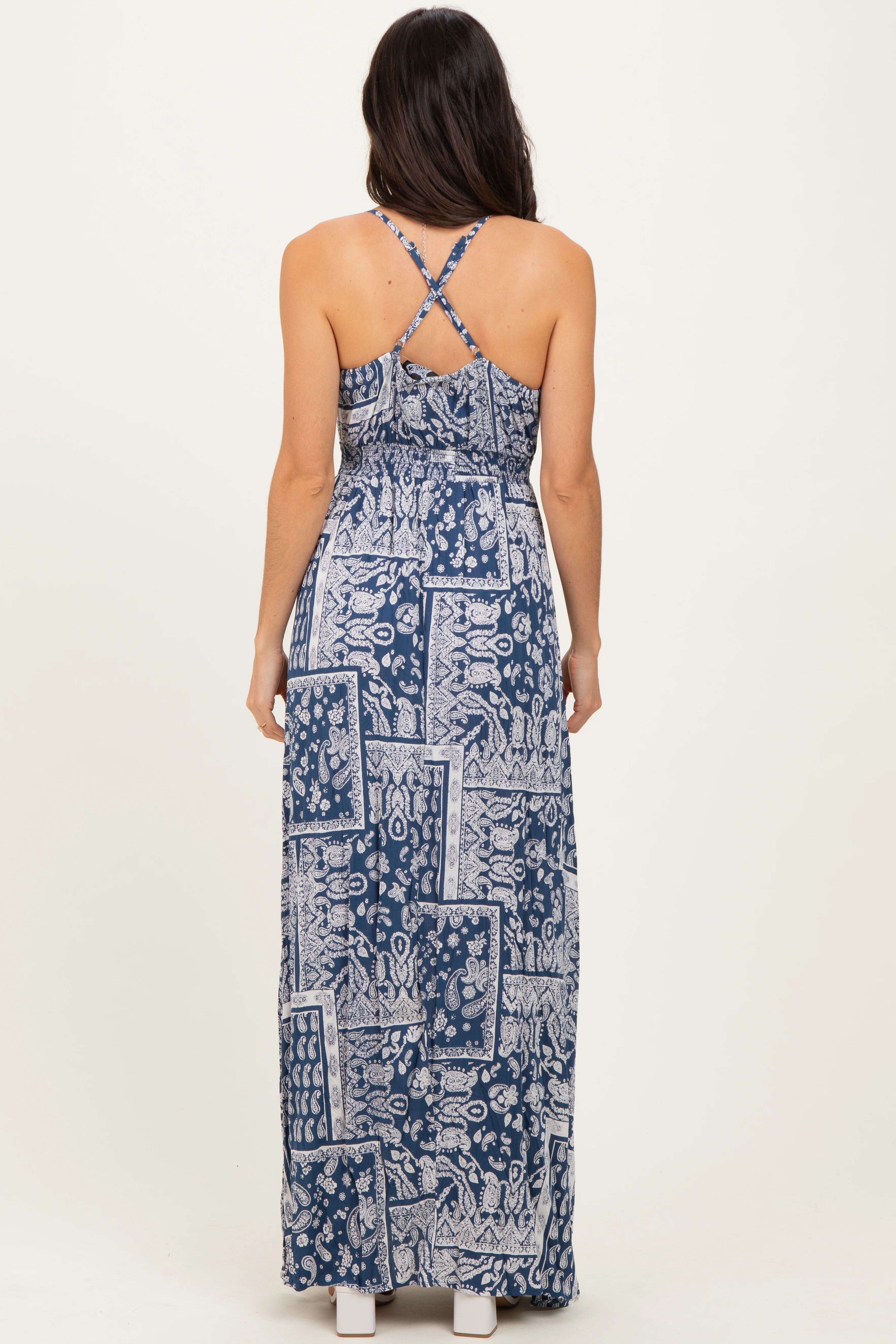 Navy Printed Crisscross Back Maxi Dress - Image 4