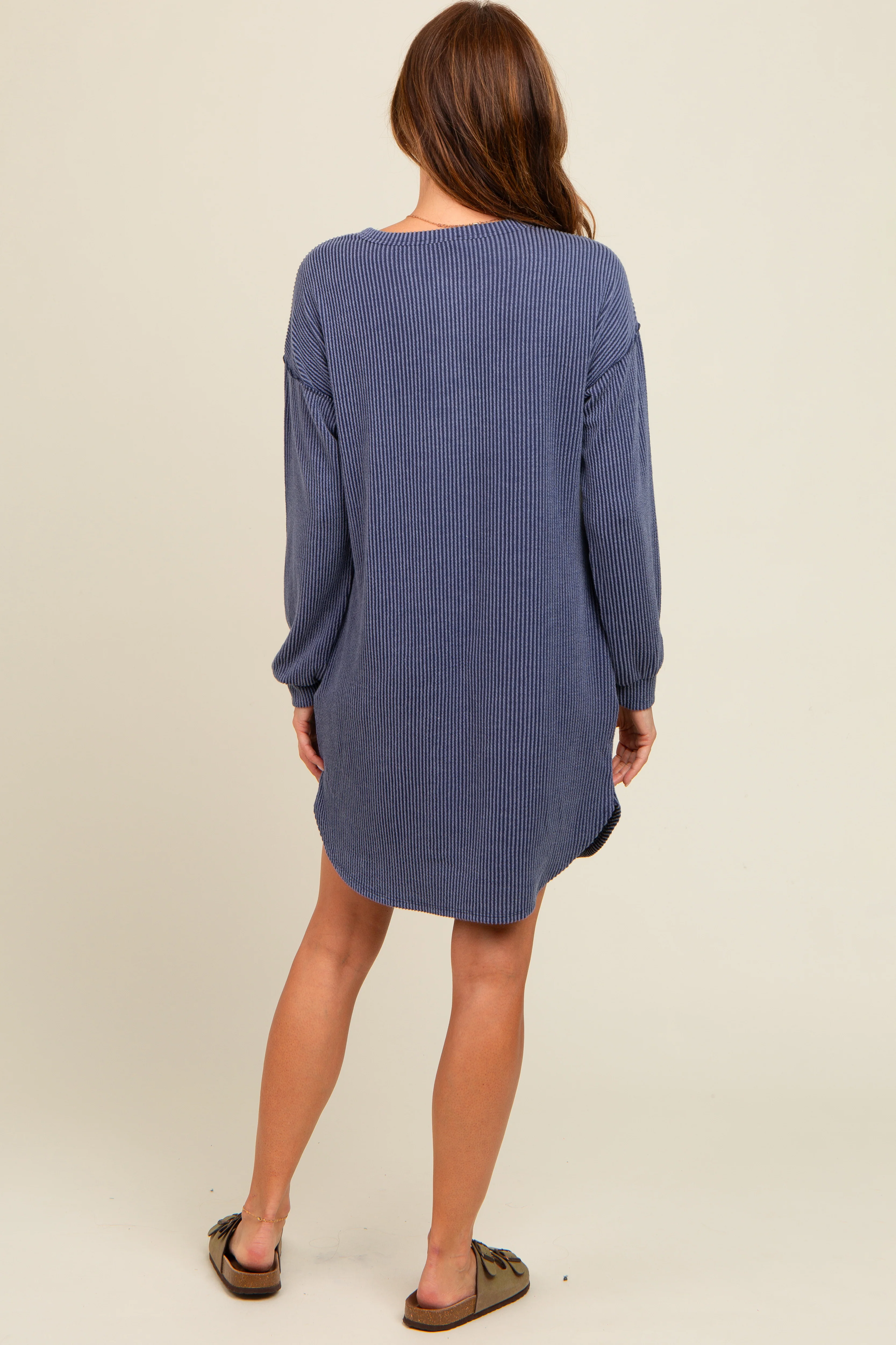 Navy Ribbed Button Accent Dress - Image 4