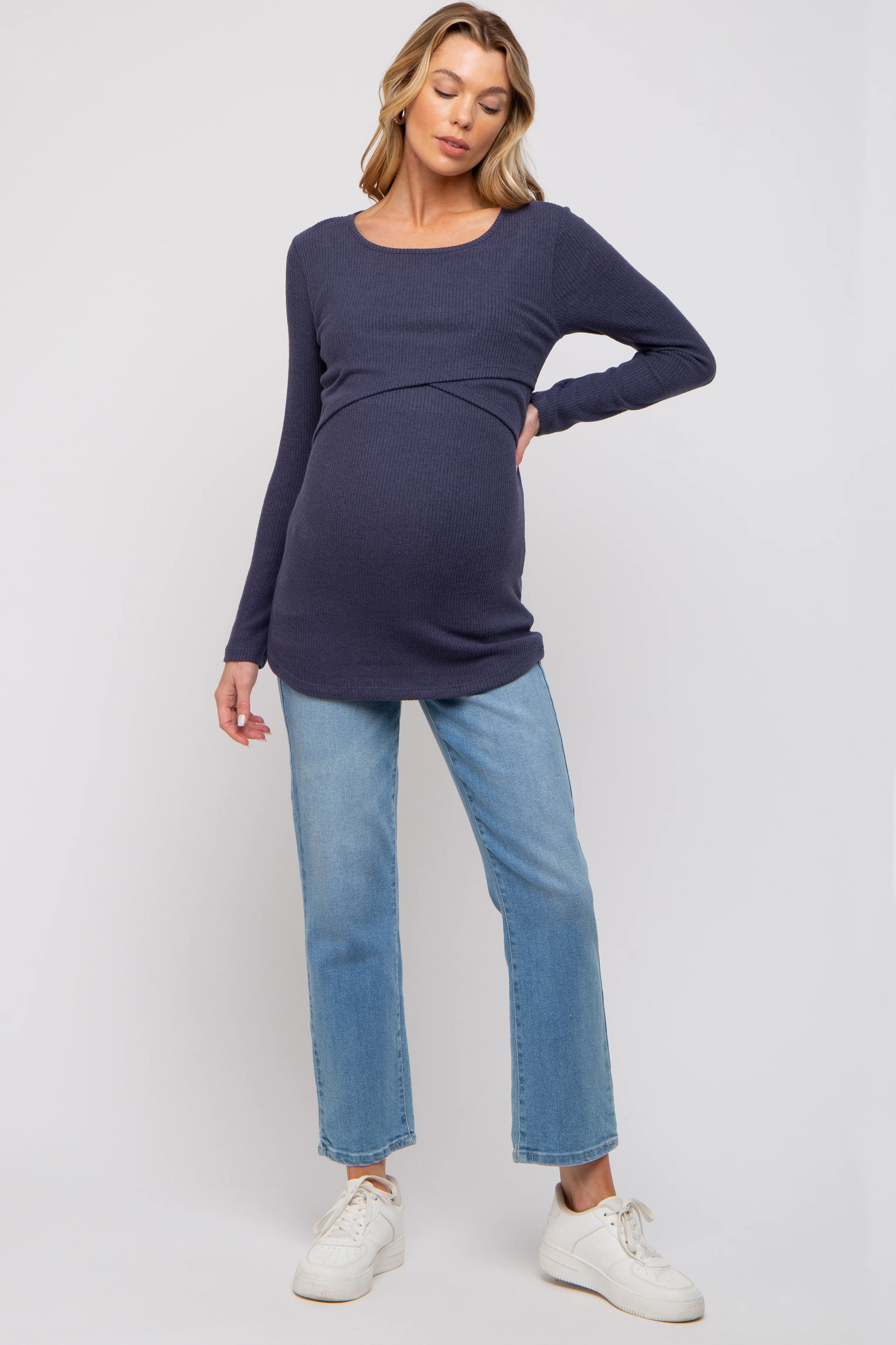 Navy Ribbed Crossover Maternity/Nursing Top - Image 5