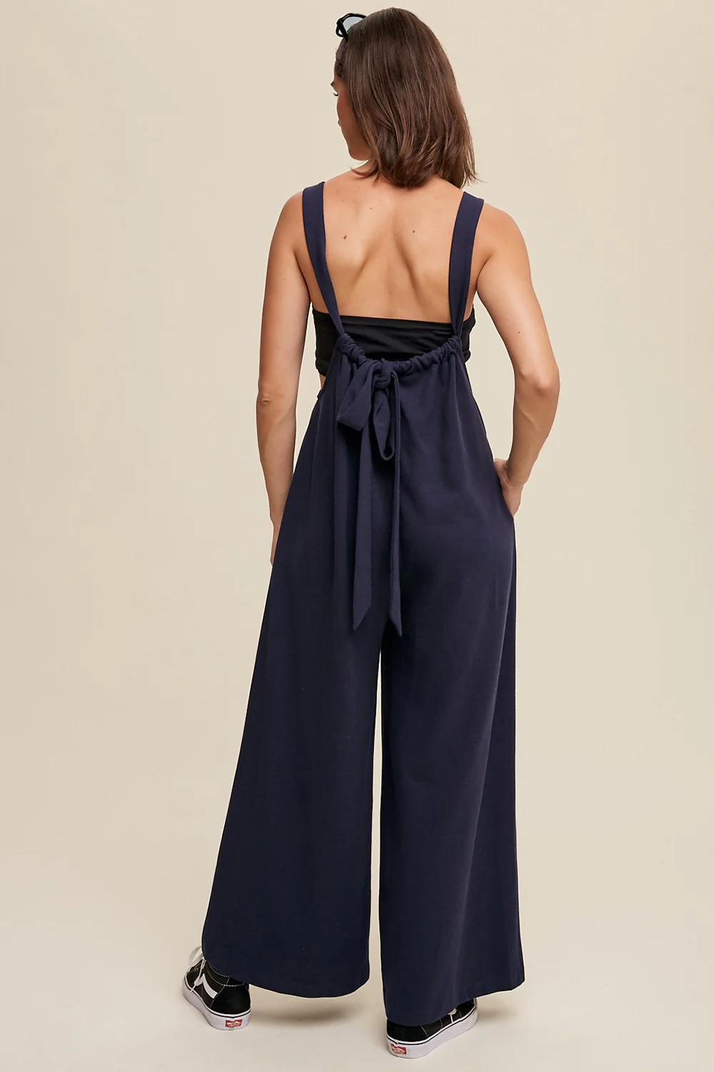 Navy Ribbed Drawstring Wide Leg Jumpsuit - Image 4