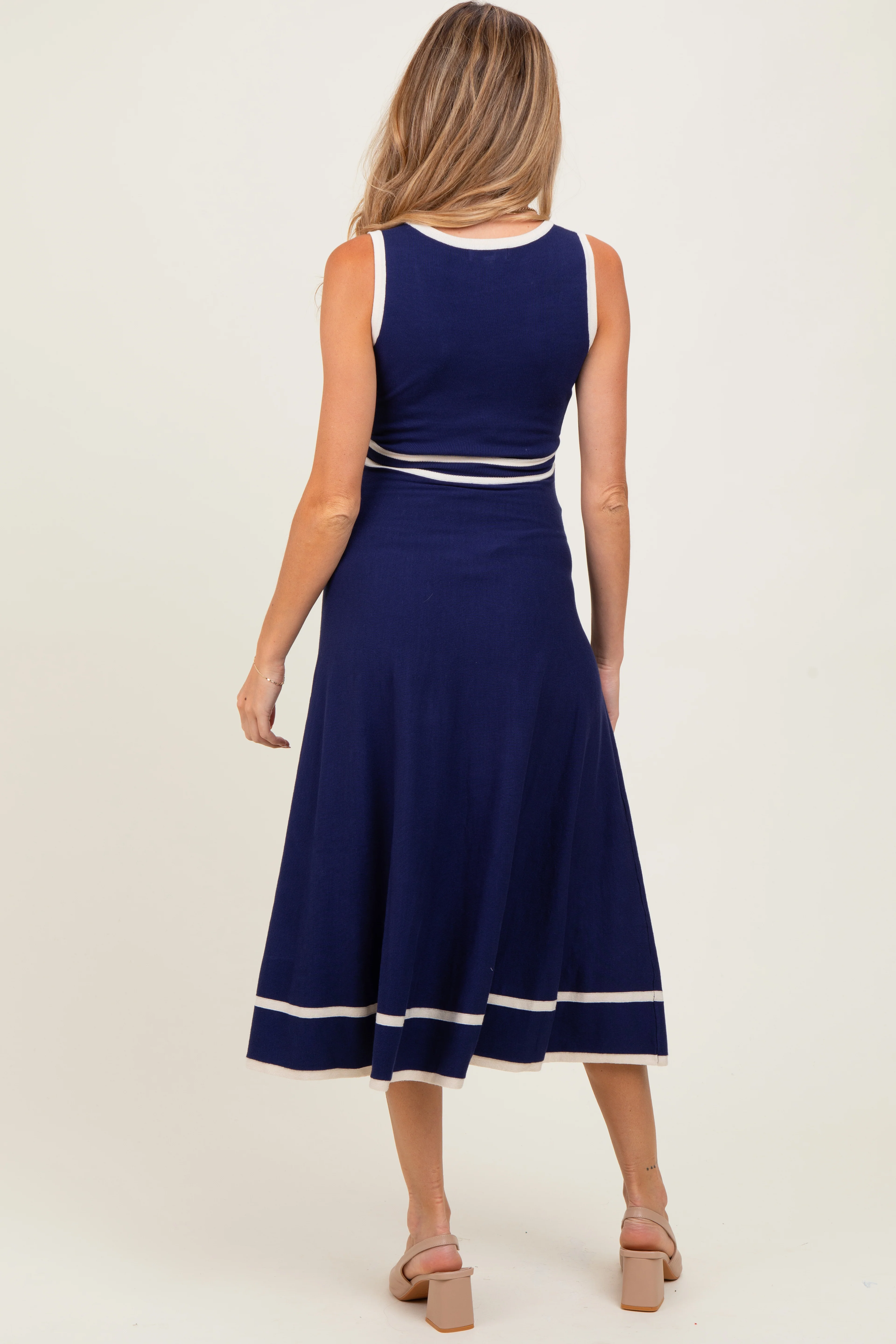 Navy Ribbed Knit Button Accent Sleeveless Maternity Midi Dress - Image 3