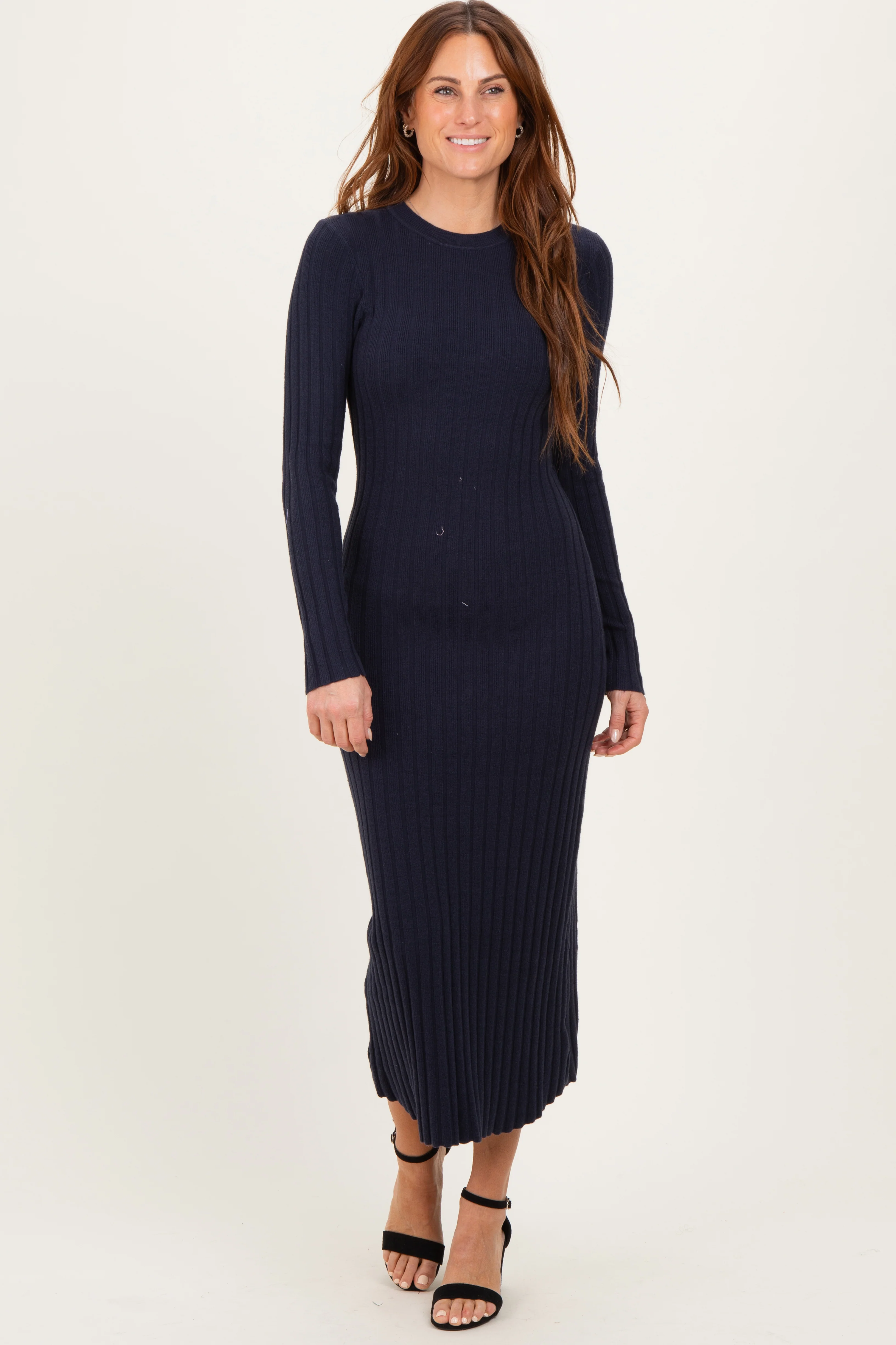 Navy Ribbed Knit Fitted Maternity Midi Sweater Dress - Image 4