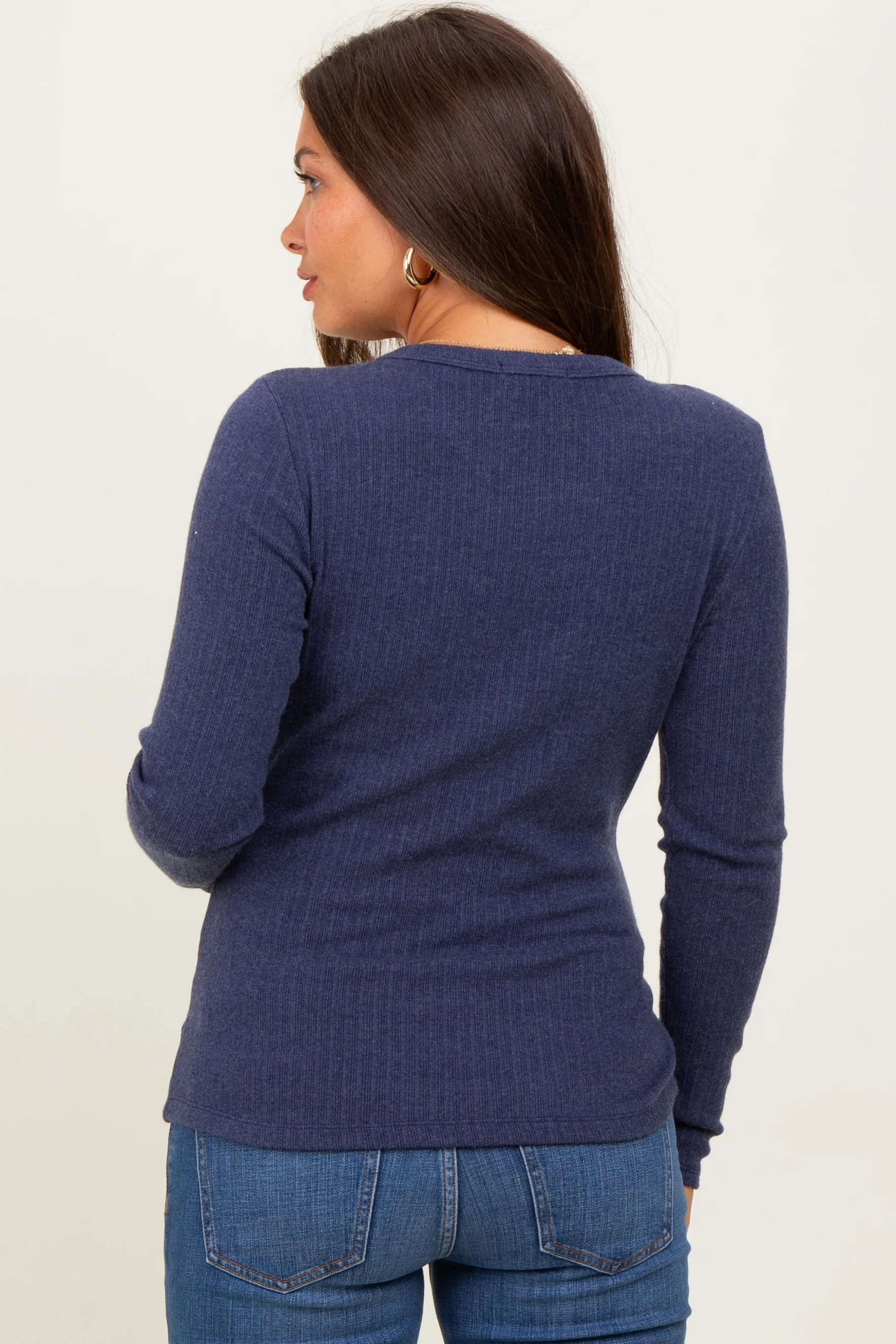 Navy Ribbed Knit Maternity Long Sleeve Top - Image 4