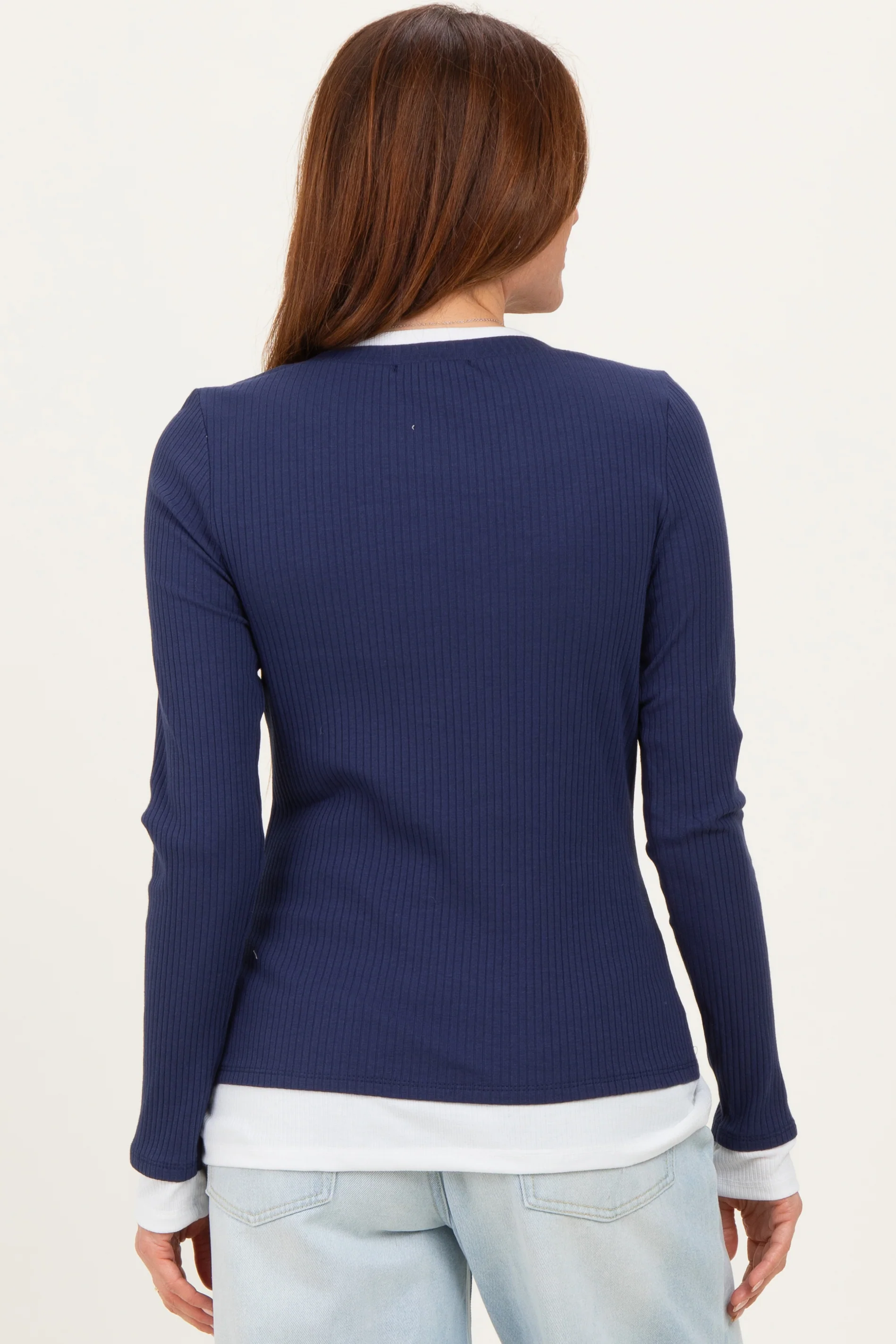 Navy Ribbed Long Sleeve Double Layer Top - Image 3