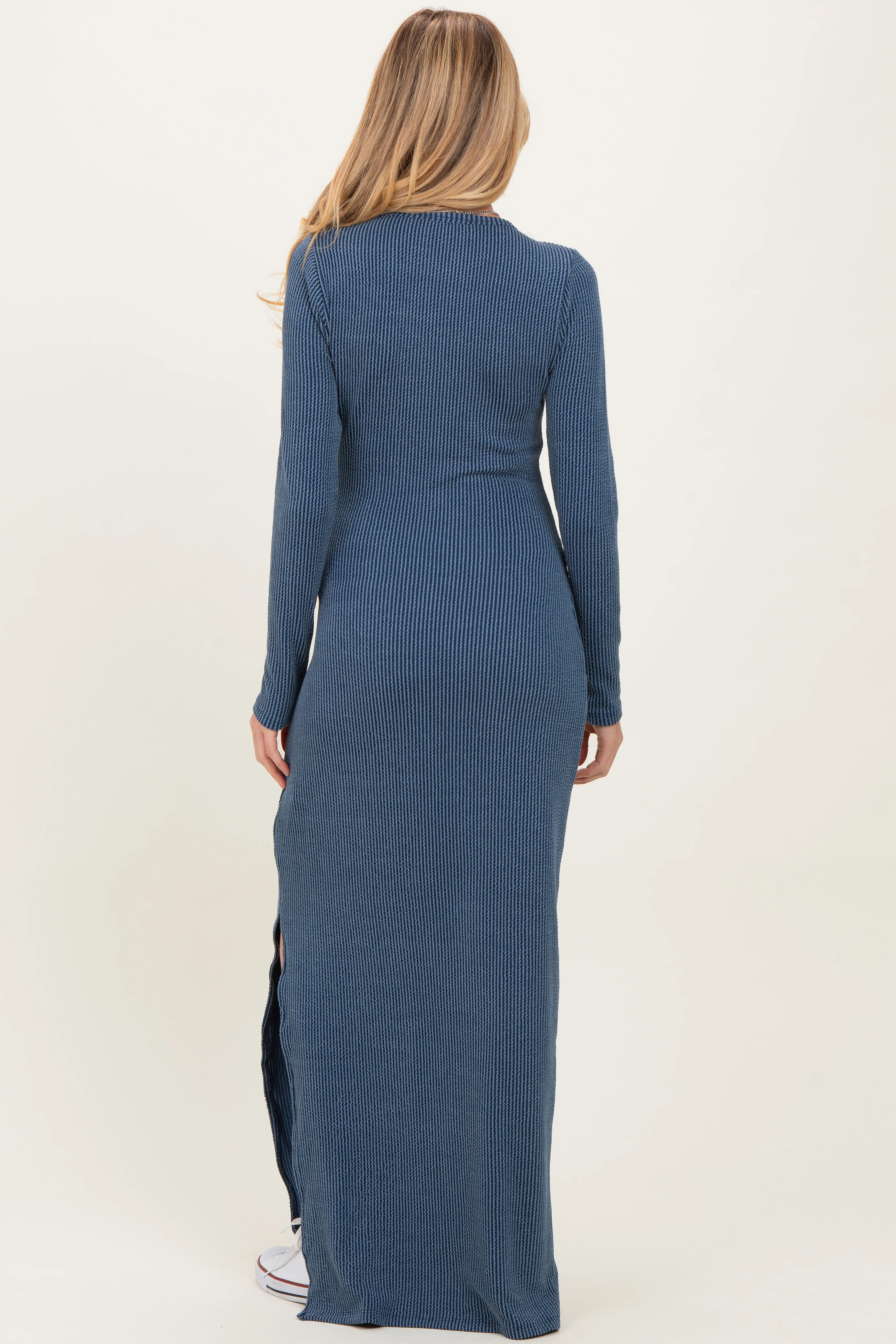 Navy Ribbed Long Sleeve Side Slit Maternity Maxi Dress - Image 3